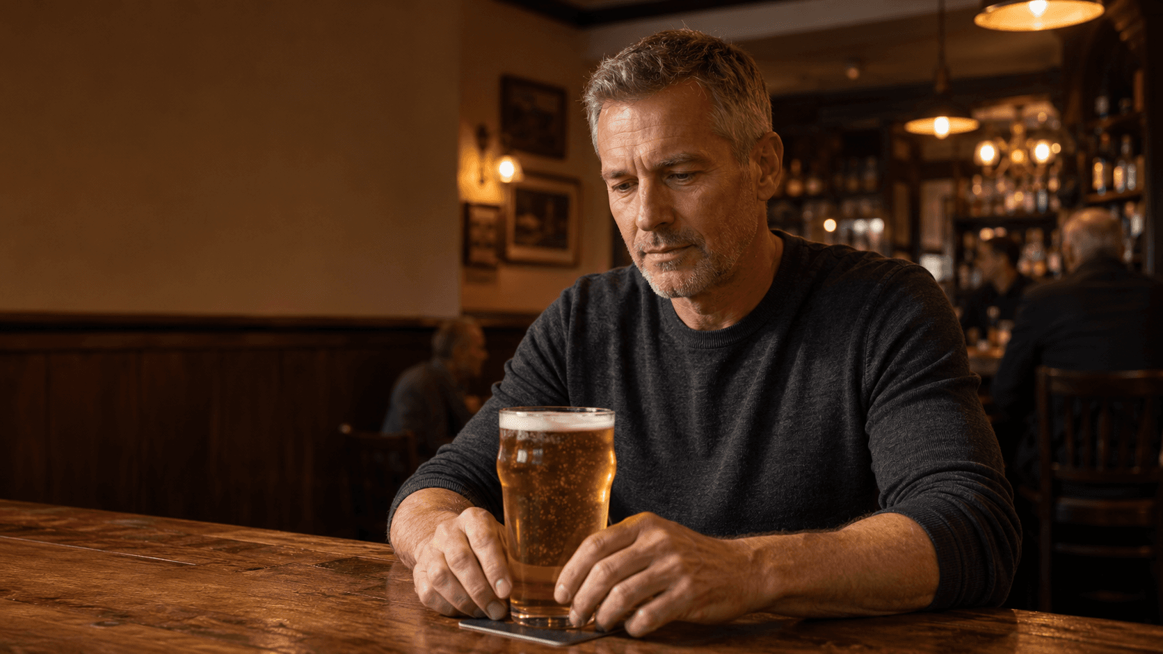A silver-haired man past 40 sitting alone at a pub bar in front of a full pint of lager, looking down at the glass with quiet consideration — embodying the article's central question of whether the cultural ritual of regular drinking is consistent with the testosterone, sleep, body composition and long-term health results most men say they want