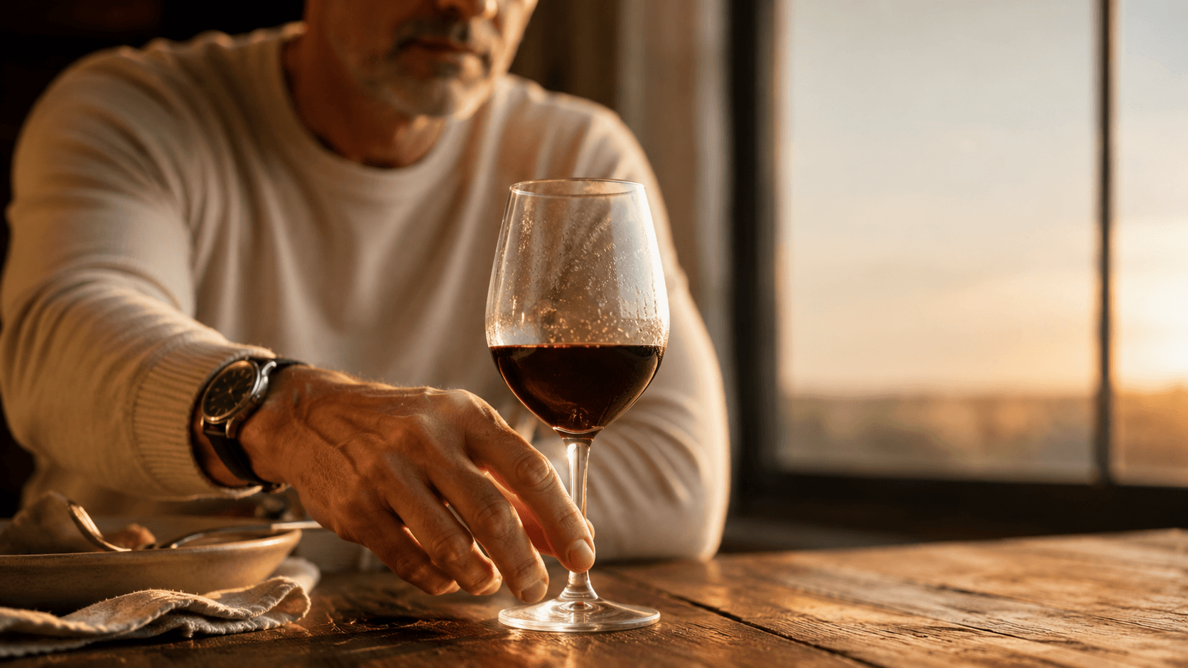 A close-up of a man past 40 reaching for a glass of red wine on a wooden table at golden hour after work — capturing the moment of routine, automatic drinking and the metabolic switch that follows: fat oxidation pausing, the liver prioritising ethanol clearance, and the anabolic environment a man is trying to cultivate quietly going offline for the next several hours