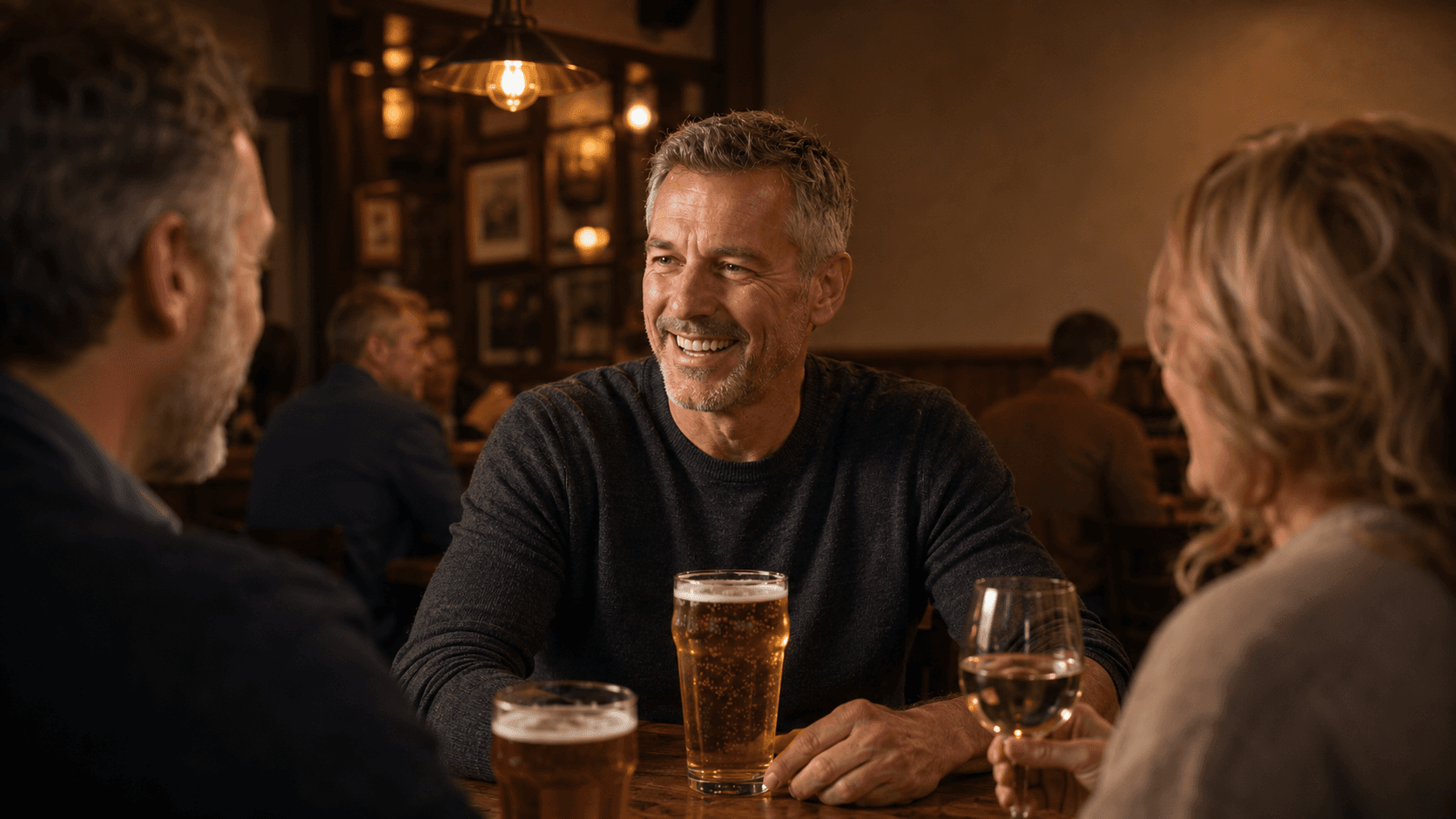 A silver-haired man past 40 in a warmly lit pub, smiling and in animated conversation with two friends across the table, glasses of beer in the foreground — capturing the central message that meaningful alcohol reduction does not require abandoning the social ritual: with tracked units, alcohol-free days and high-quality non-alcoholic alternatives, the company and the conversation stay exactly the same
