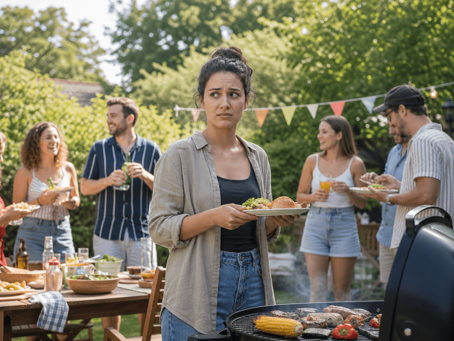 Person at a summer BBQ looking uncertain while friends enjoy food and drinks around them in an outdoor garden setting