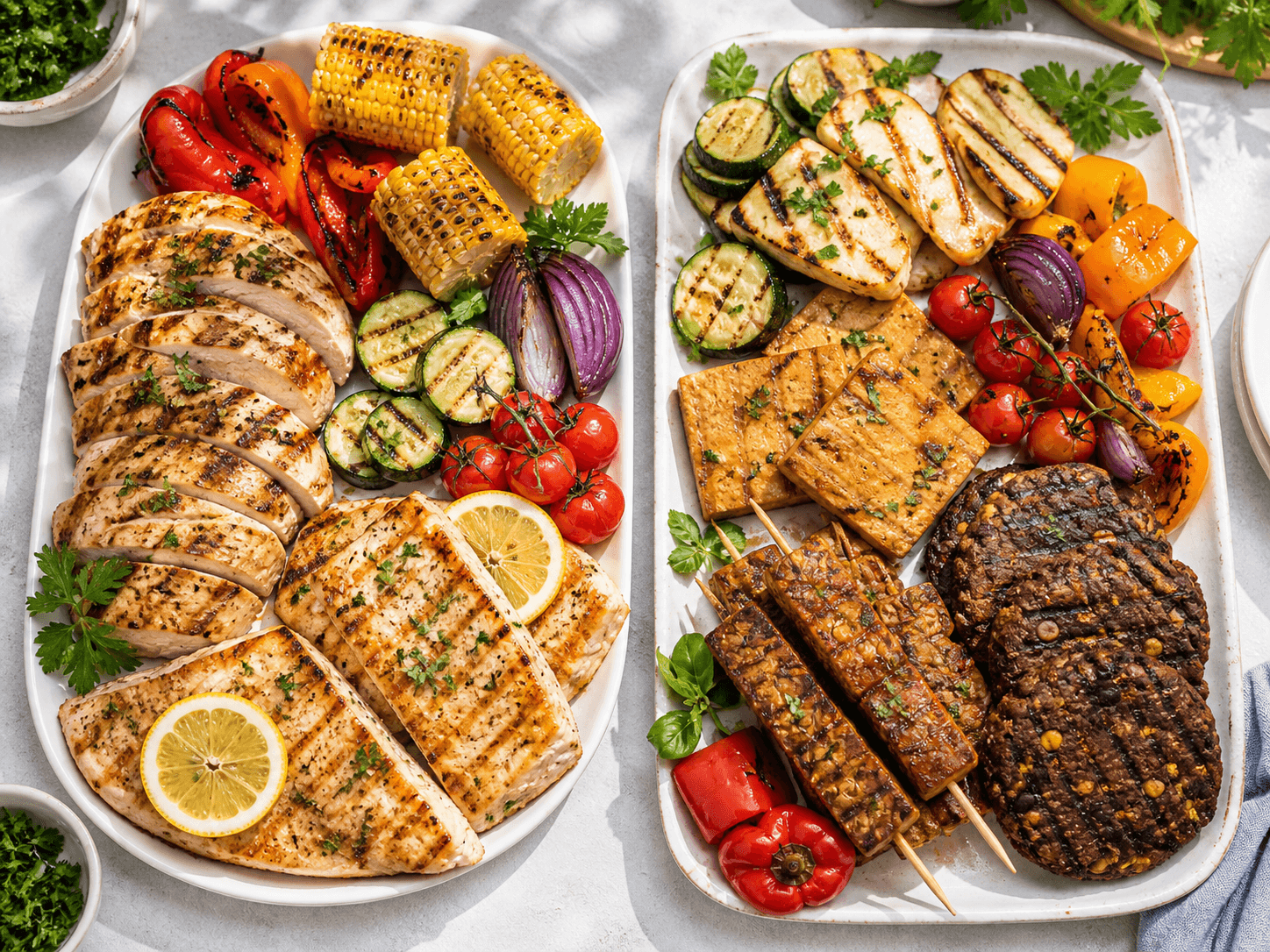 Flat lay of high-protein BBQ options: grilled chicken breast and fish on one side, halloumi, tofu steaks, tempeh skewers, and black bean burgers on the other, with colourful vegetables alongside both