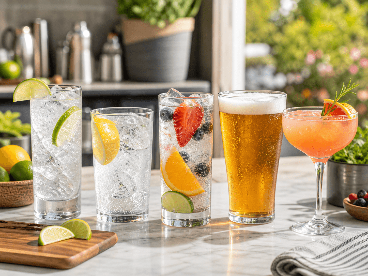 Lower-calorie drink options — gin and slimline tonic and vodka soda with lime — arranged beside a pint of craft beer and a cocktail to show the calorie contrast