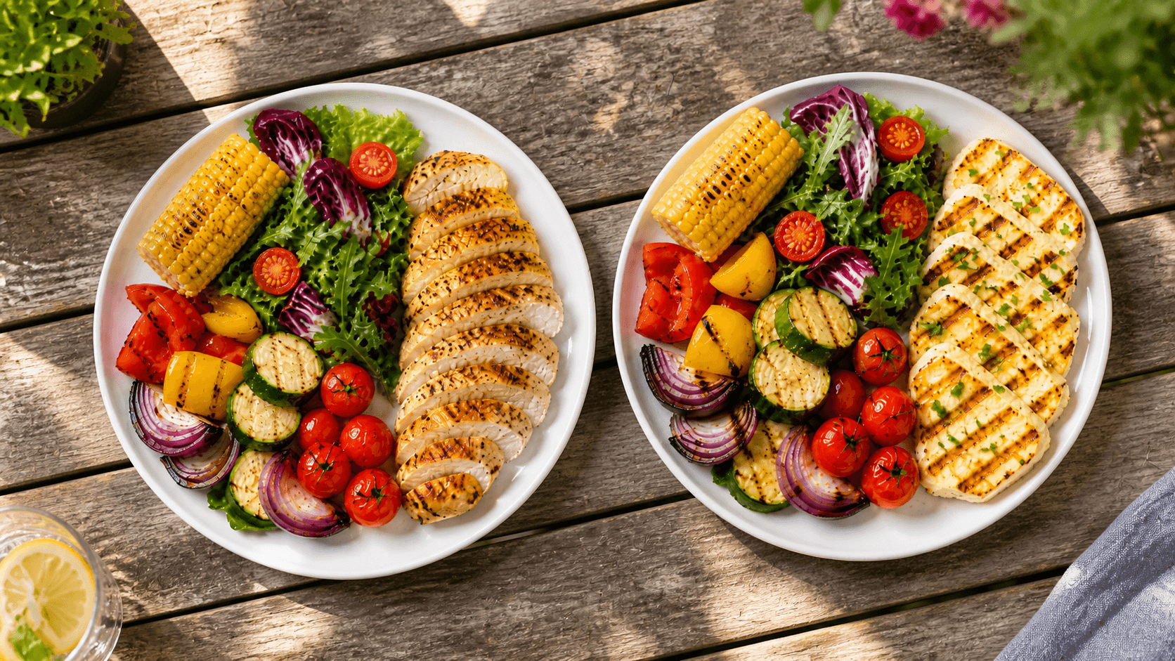 Overhead view of a well-balanced BBQ plate with half filled with colourful grilled vegetables, mixed salad, and corn on the cob, and half with a lean protein such as chicken breast or halloumi