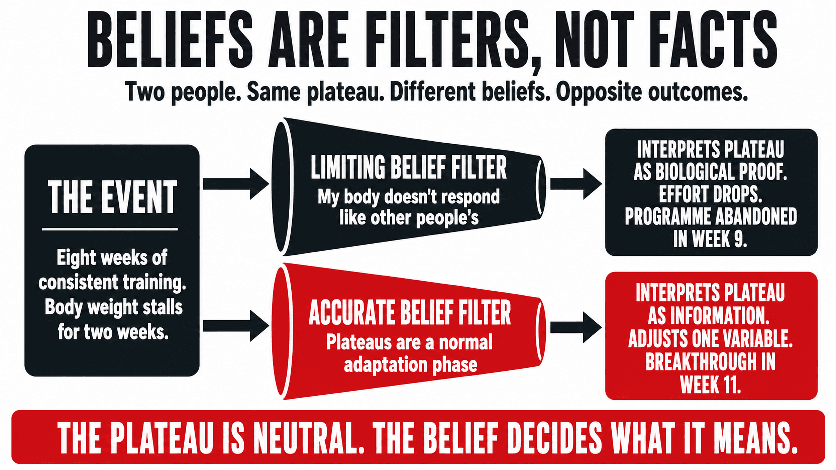 A brain shown as a filter overlaid on incoming experiences, with confirmatory evidence passing through and contradictory evidence being screened out — illustrating how a limiting belief is a filter, not a feeling