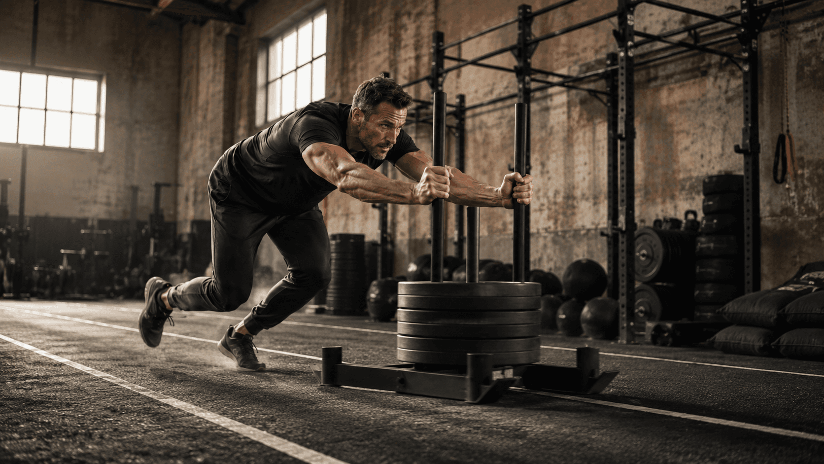 An athlete performing a heavy sled push, demonstrating one of the highest-ranked cardio modalities for fat loss