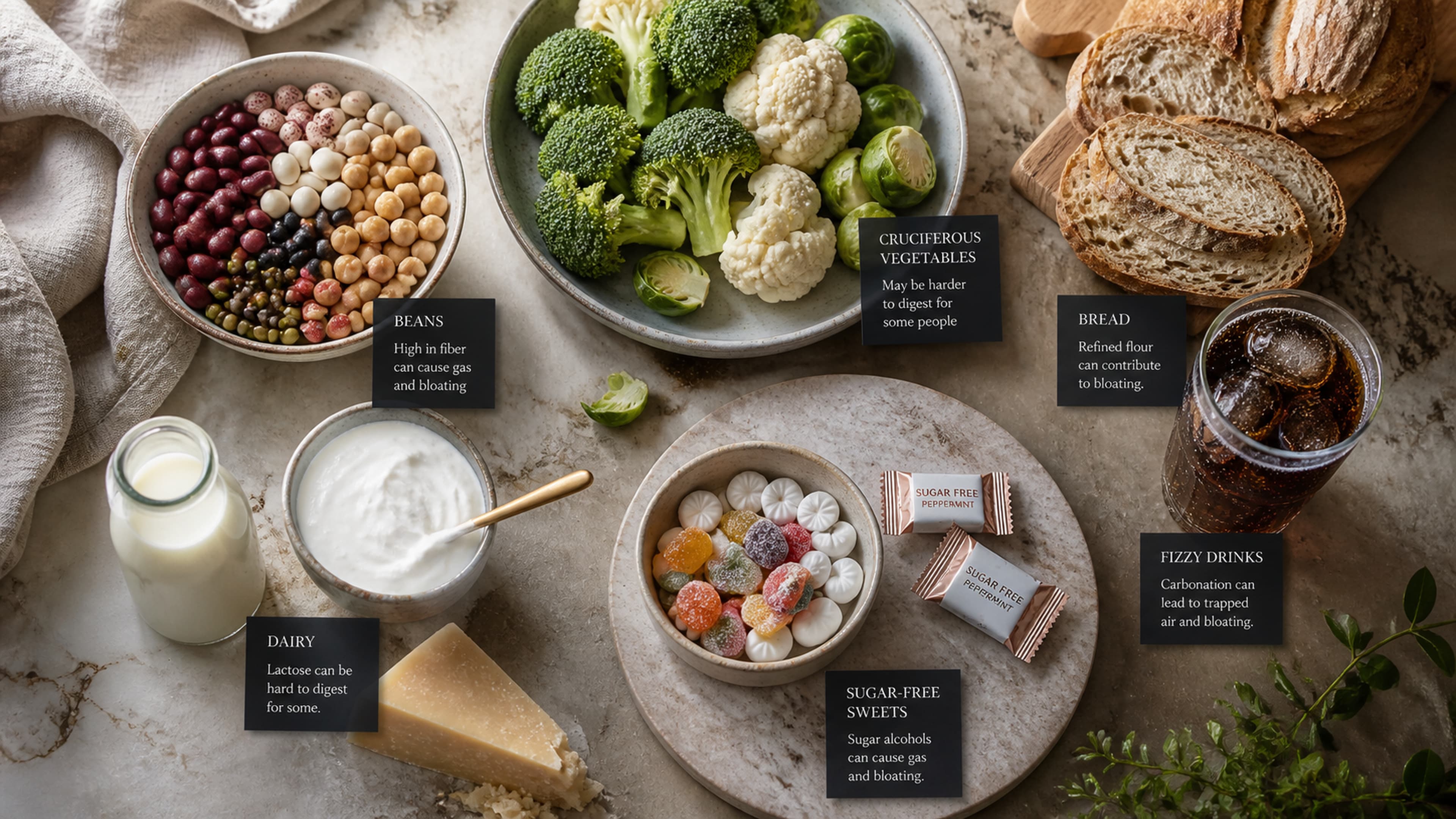 Common foods associated with bloating including beans, cruciferous vegetables, and whole grains