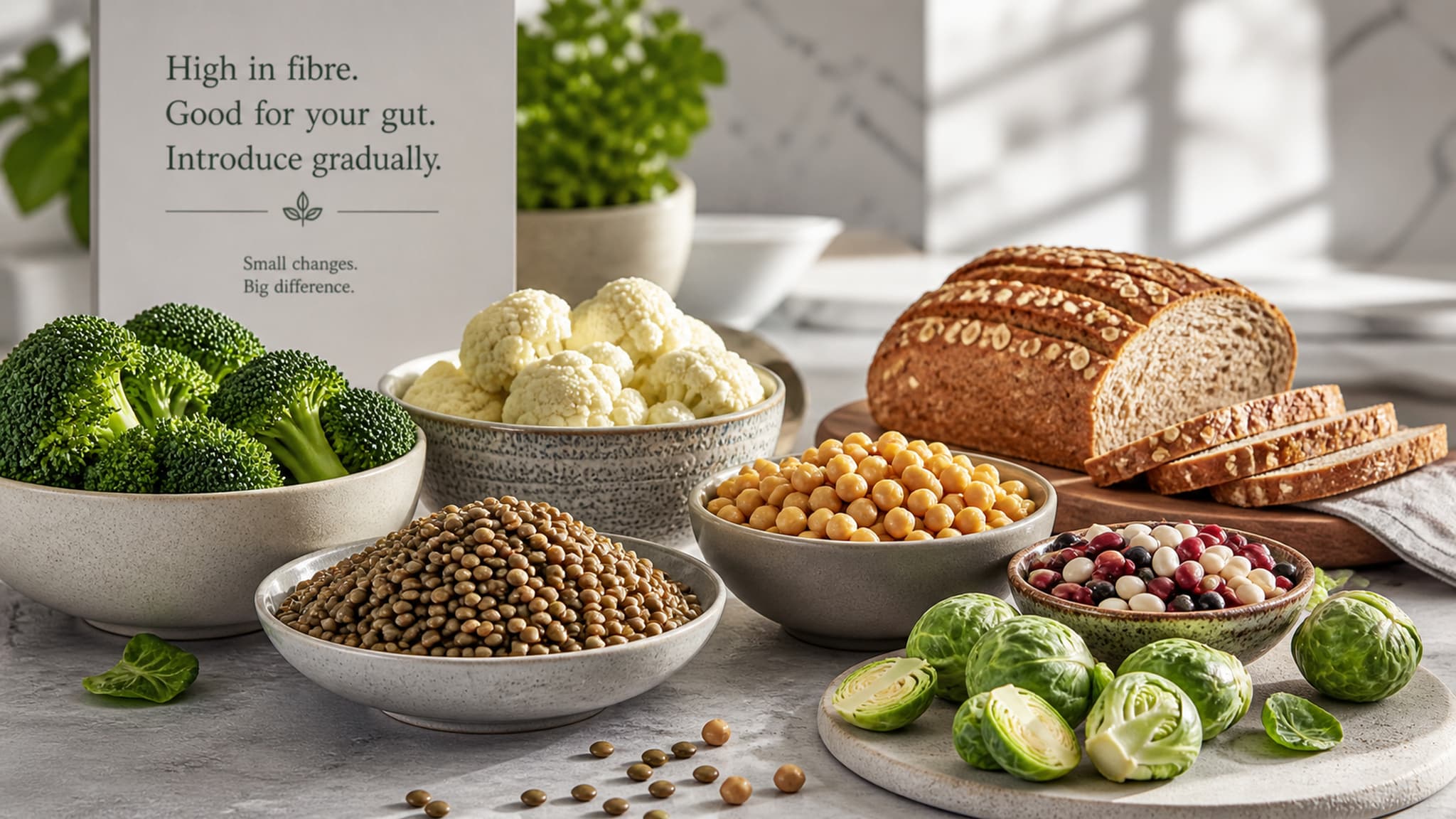 High-fibre foods that commonly cause bloating, including legumes, lentils, and whole grains, which require gradual introduction