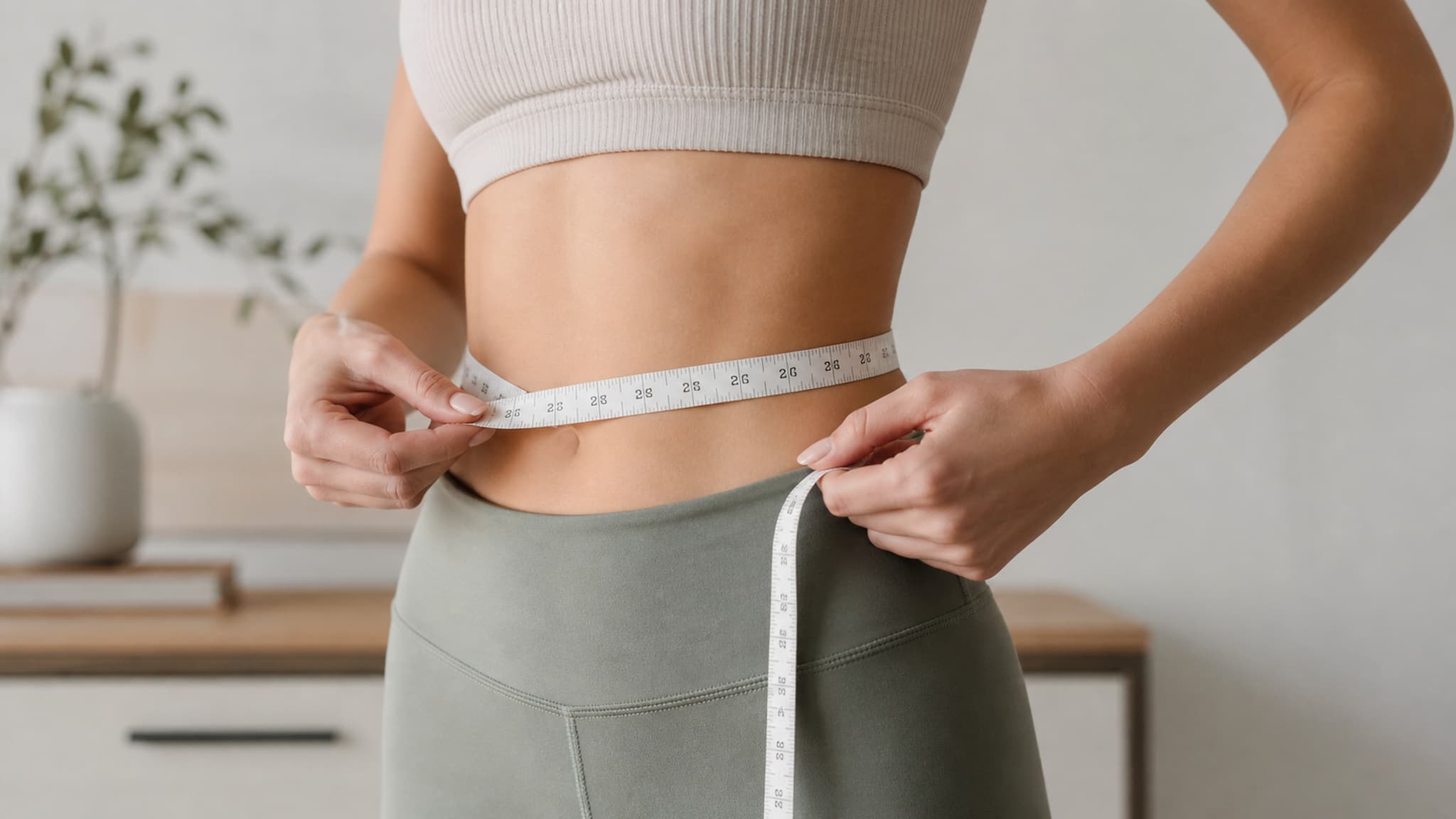Person measuring their waist circumference to assess body fat distribution