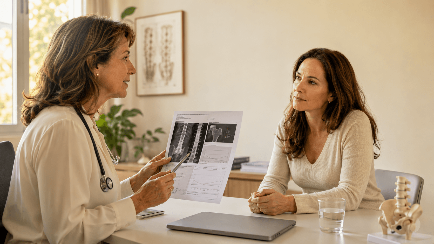 A woman undergoing a DEXA bone density scan in a clinical setting, illustrating the article's recommendation that women obtain a baseline T-score assessment to understand their starting position on the bone density curve before the perimenopausal acceleration of loss begins