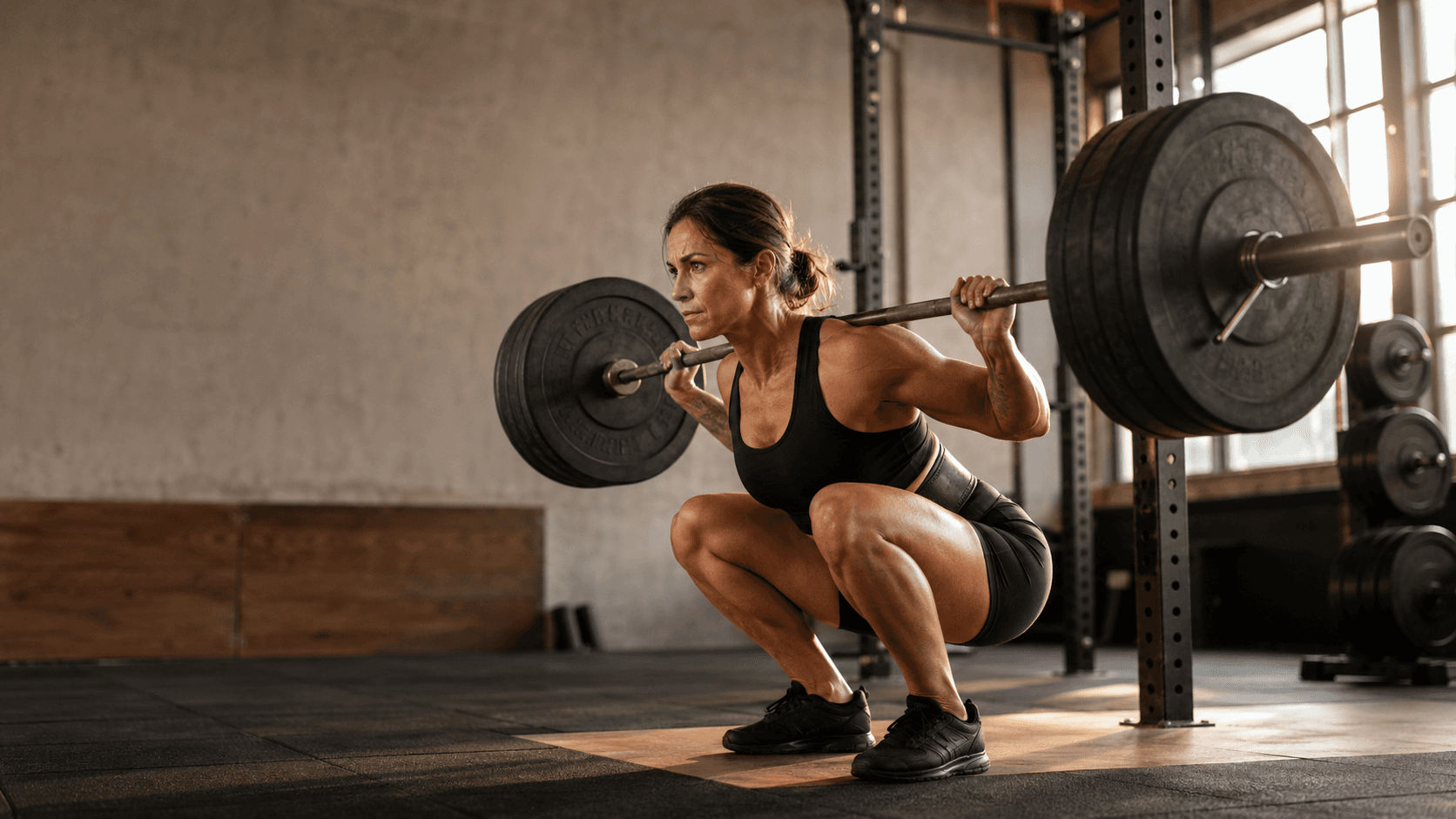 A woman performing a barbell back squat or conventional deadlift with focused intensity in a gym setting, demonstrating the compound resistance training movements that transmit mechanical force through the hip, lumbar spine, and axial skeleton to stimulate bone formation