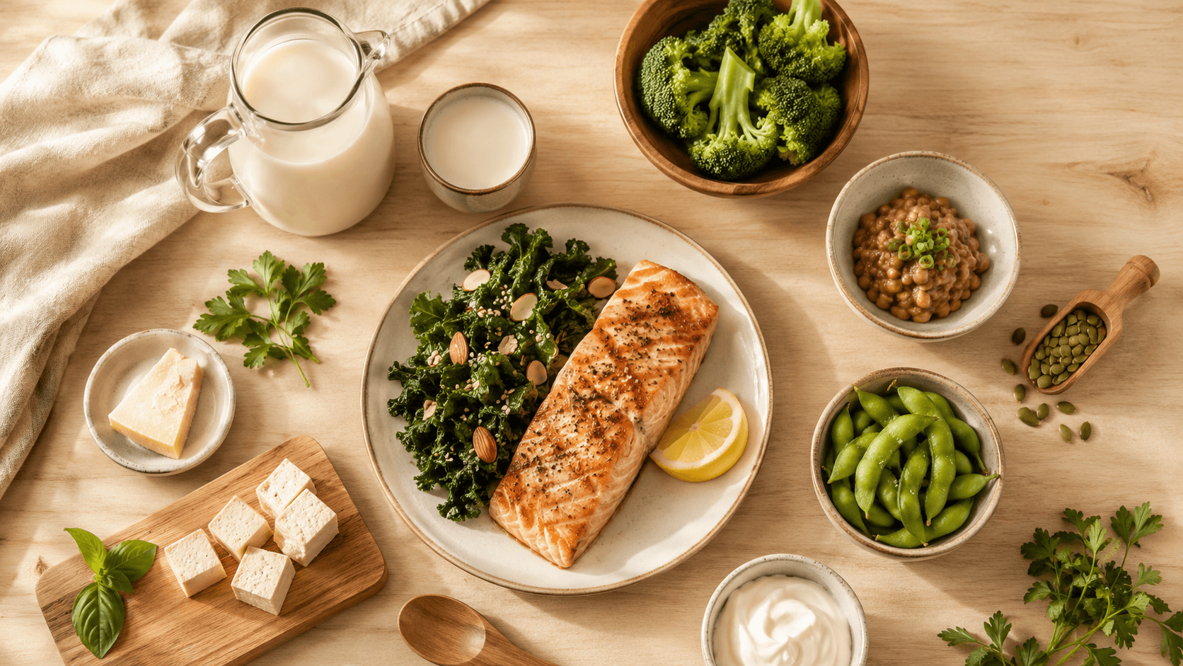 A still-life style image of a glass of water replacing wine and a no-smoking cue alongside a plate of bone-supporting whole foods, illustrating the article's point that smoking, regular alcohol consumption, and certain long-term medications are bone density factors that are rarely discussed but carry meaningful, modifiable risk for women