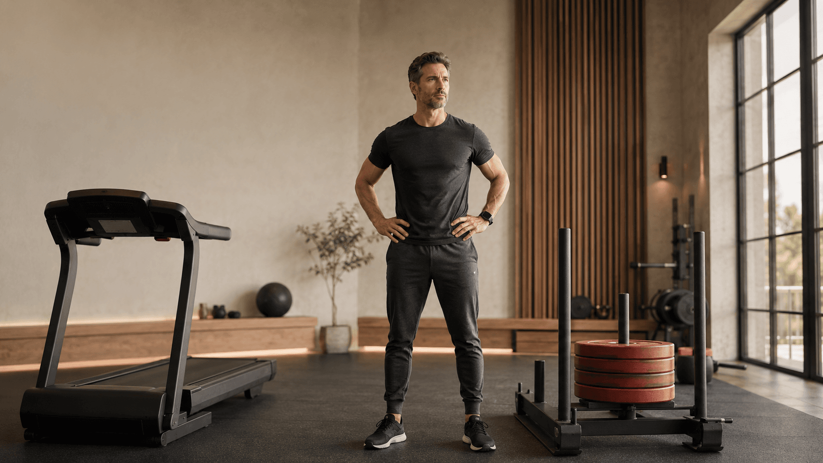 Tanvir Rayet standing between a treadmill and a loaded sled in a modern gym, illustrating the two ends of cardiovascular training — aerobic and anaerobic — that this article unpacks