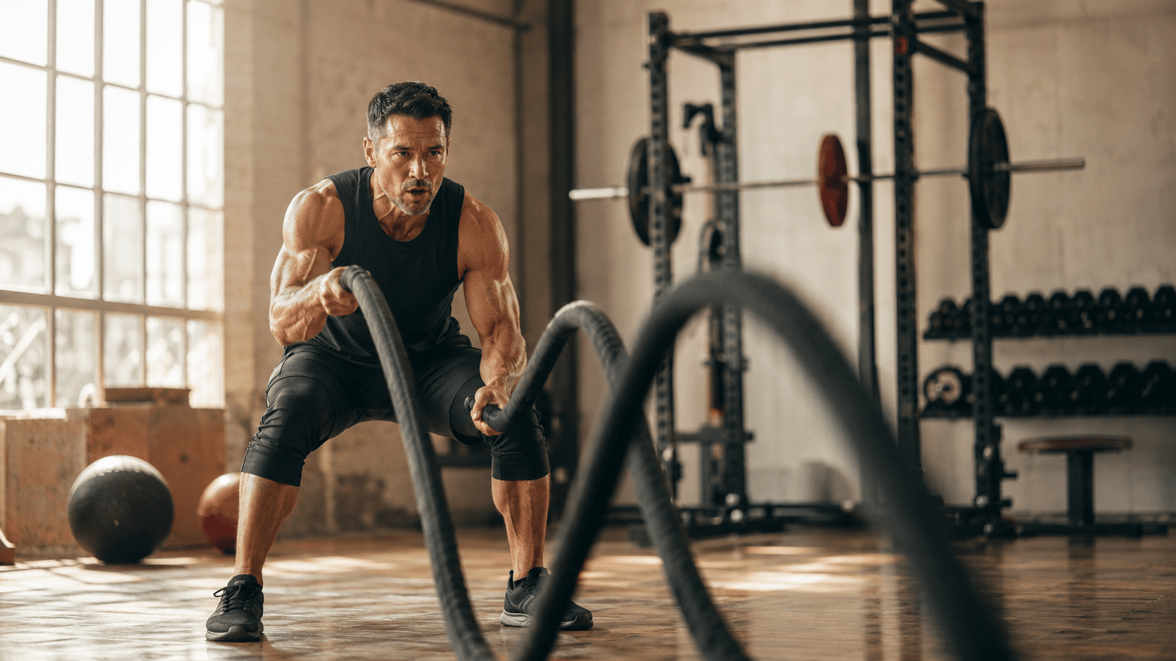 A man performing intense battle rope slams in a gym, an example of a session that is highly cardiovascular but not aerobic because it is fuelled primarily by anaerobic glycolysis