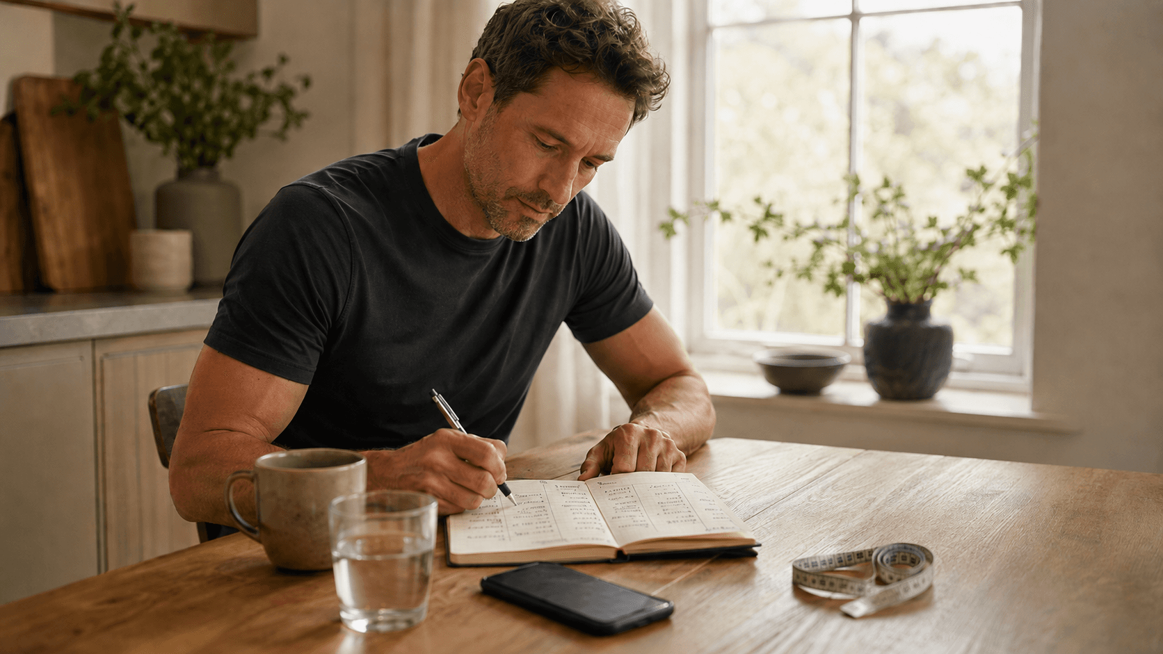 A man planning his training week in a notebook at a kitchen table next to running shoes and a tape measure, illustrating the deliberate, personalised programming that avoids the common cardiovascular training mistakes covered above