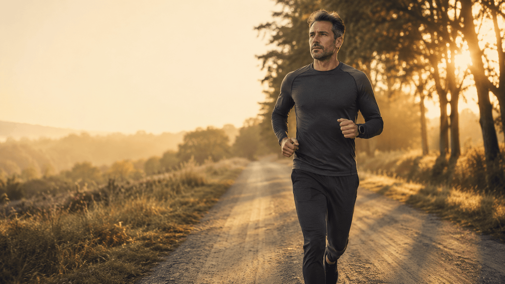 A man running steadily on a country road at sunrise, illustrating the kind of Zone 2 cardiovascular conditioning that drives long term mitochondrial adaptations