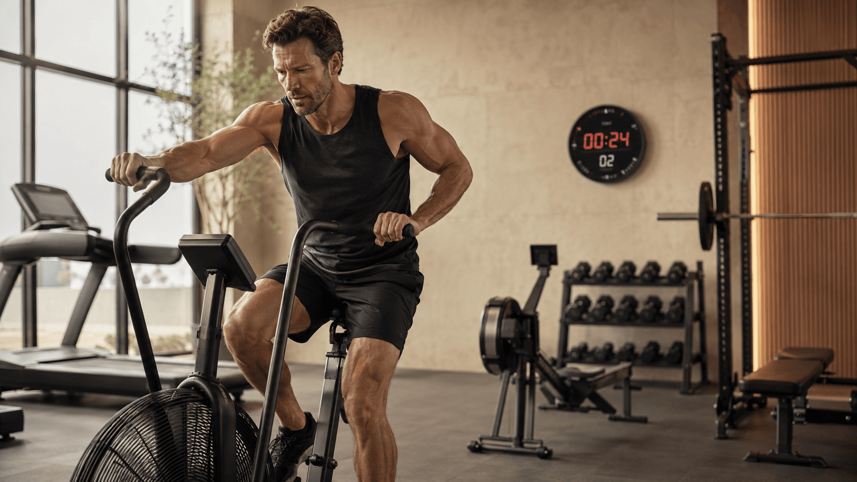 A man pushing hard on an assault bike with an interval timer counting down on the wall behind him, illustrating the higher intensity work that maximises PGC-1 alpha activation and mitochondrial biogenesis