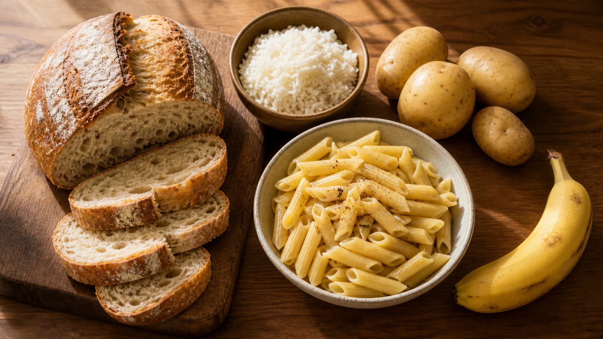 Assortment of carbohydrate-rich whole foods including bread, pasta, and grains used in a structured refeed