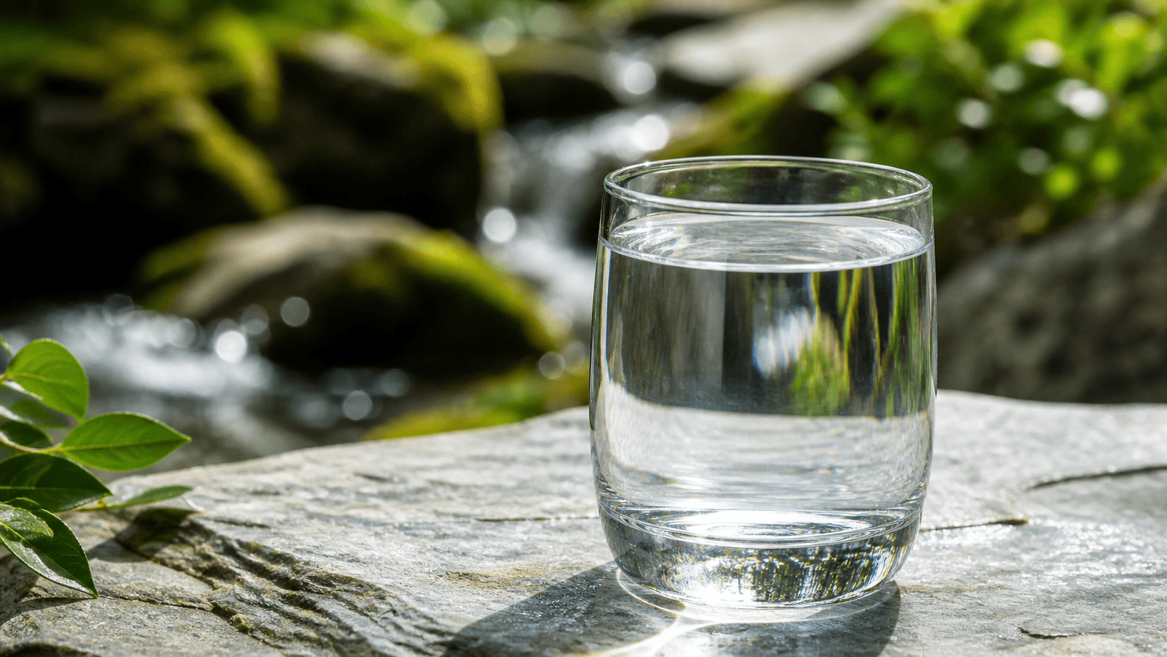 Clear glass of pure water placed on a natural stone surface outdoors
