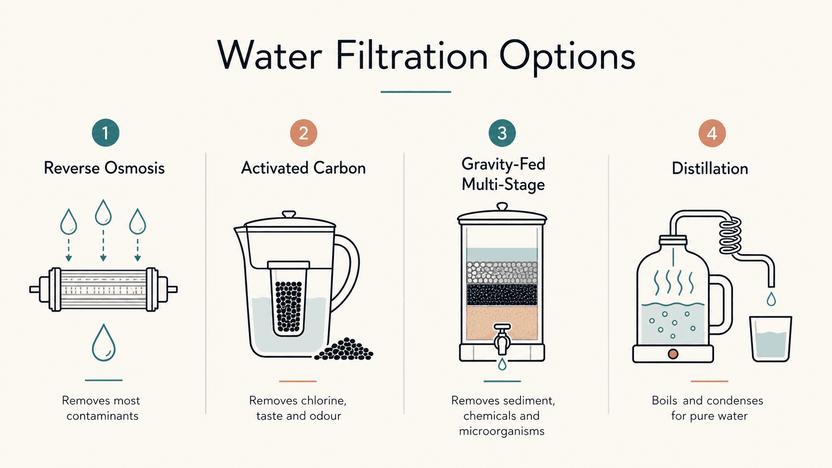 Comparison of water filtration options including reverse osmosis, activated carbon filters, and gravity-fed systems