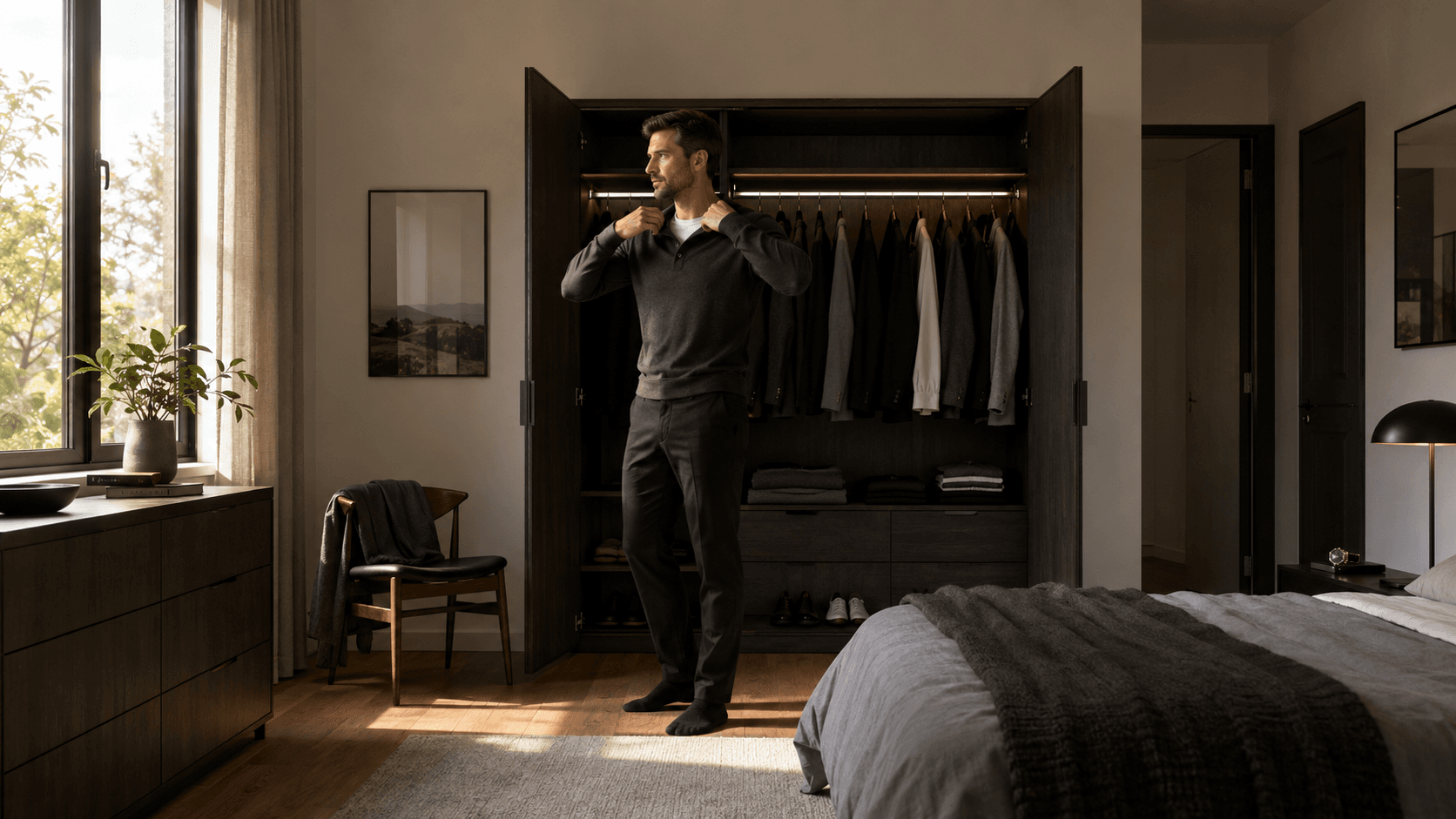 An open wardrobe showing clothes from different chapters of a person's life — large past sizes, aspirational future items, and current well-fitting clothes — illustrating how the physical environment holds old identity stories