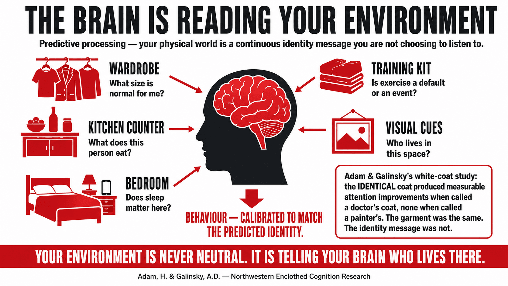 A brain diagram showing the predictive processing architecture responding to environmental identity cues — a kitchen, wardrobe, and bedroom each emitting signals that calibrate the brain's sense of who inhabits the space