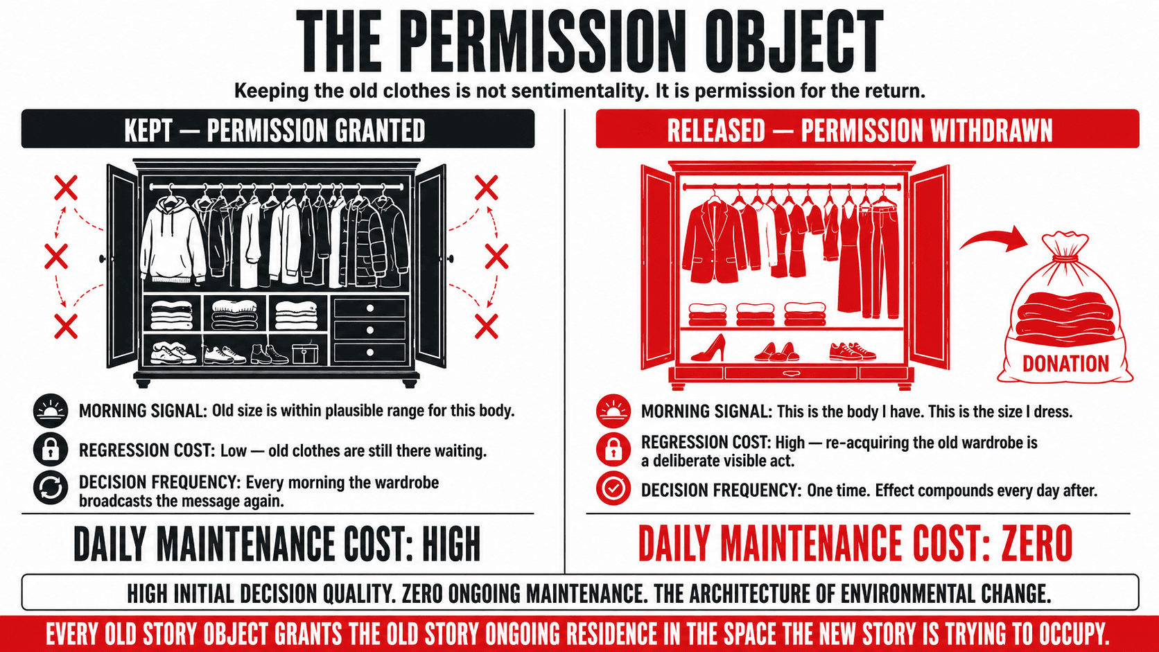 A wardrobe split into two halves — left side showing old-story permission objects (oversized past clothes, abandoned aspirational items) and right side showing the transition wardrobe (well-fitting current clothes, visible training kit) — illustrating the permission object concept