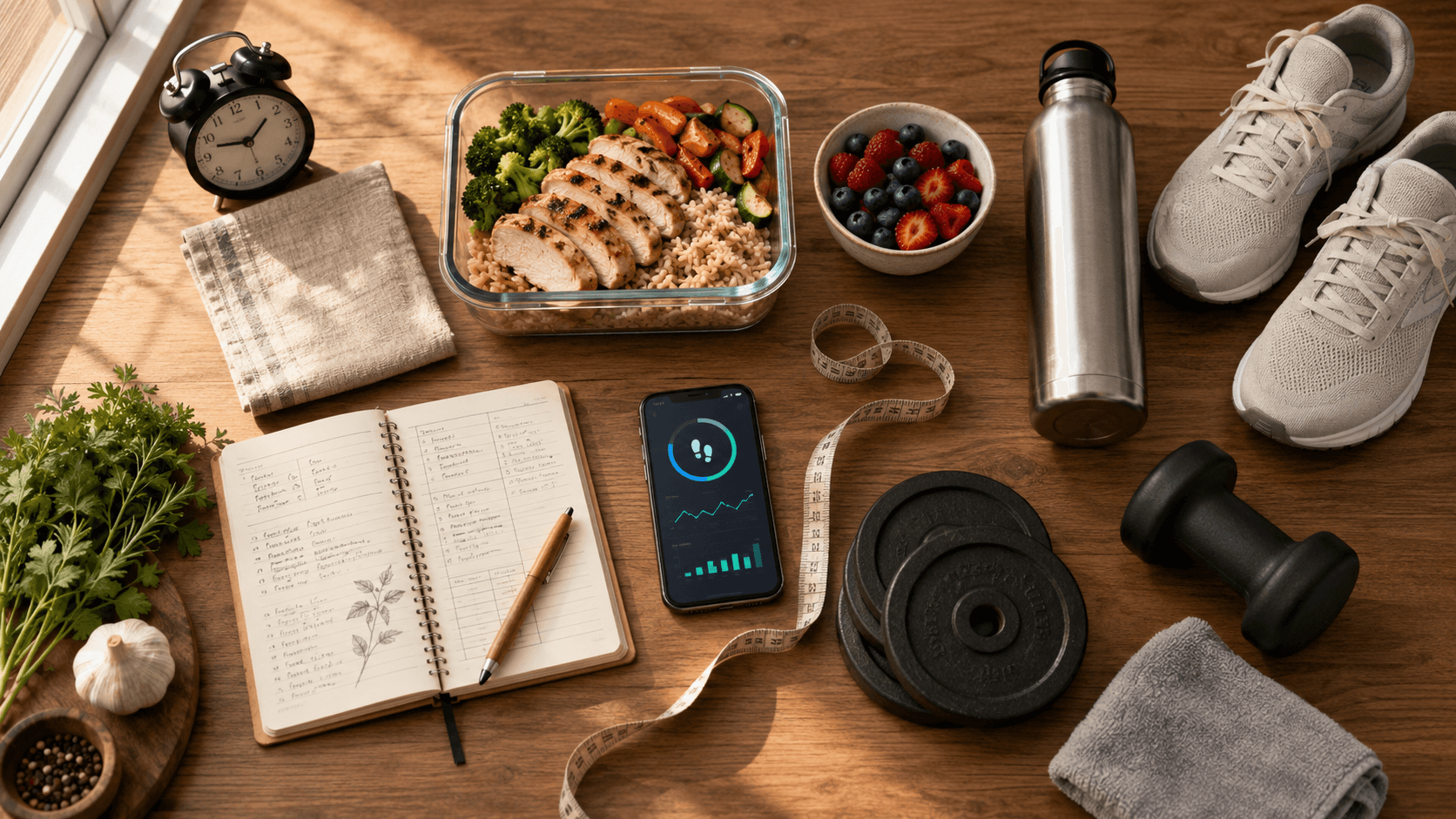 A professional coaching environment with a structured fat loss plan, meal prep containers, training log, and tracking tools