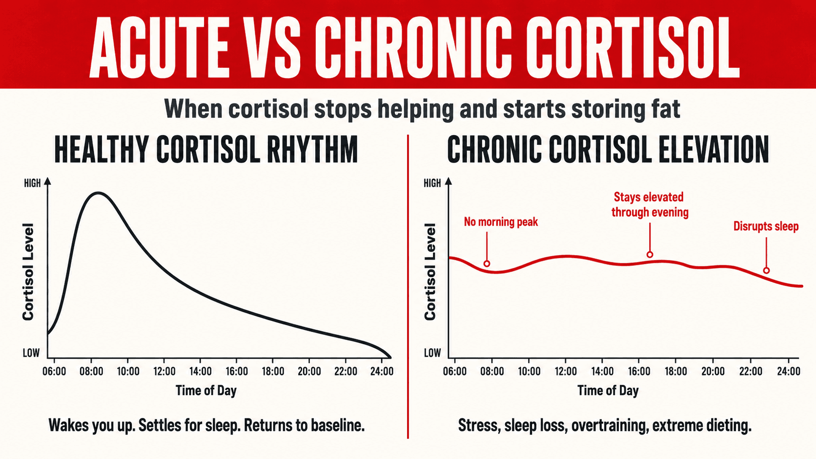 Diagram contrasting healthy acute cortisol spikes with the harmful pattern of chronic cortisol elevation that never returns to baseline