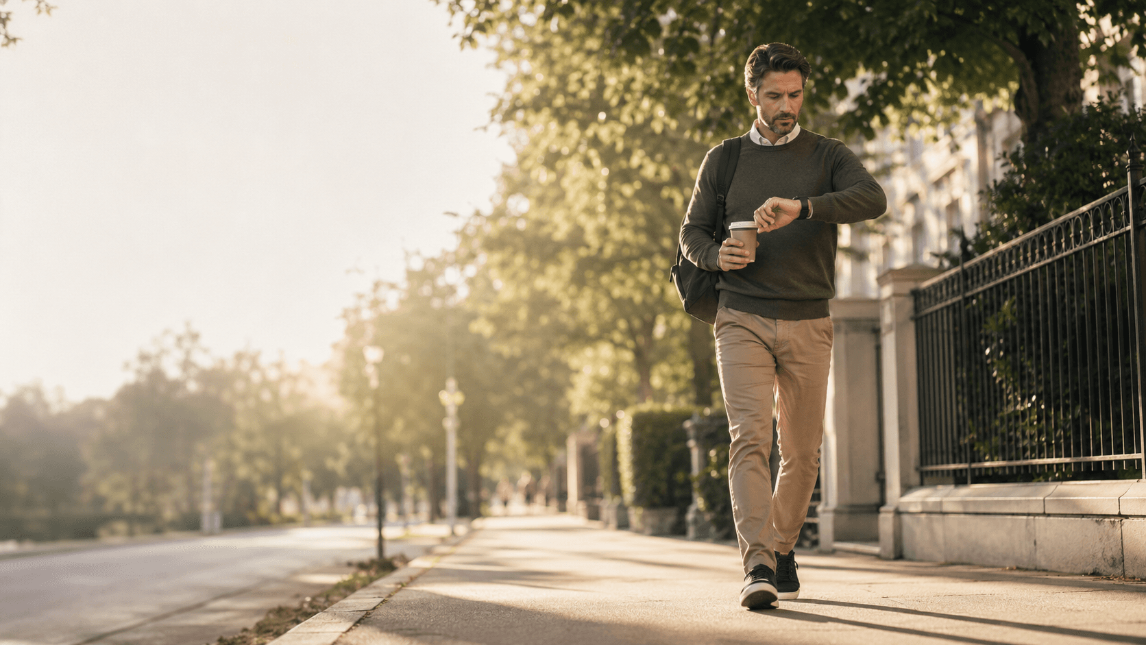 Person walking outdoors in an urban setting with a smartwatch showing a step count
