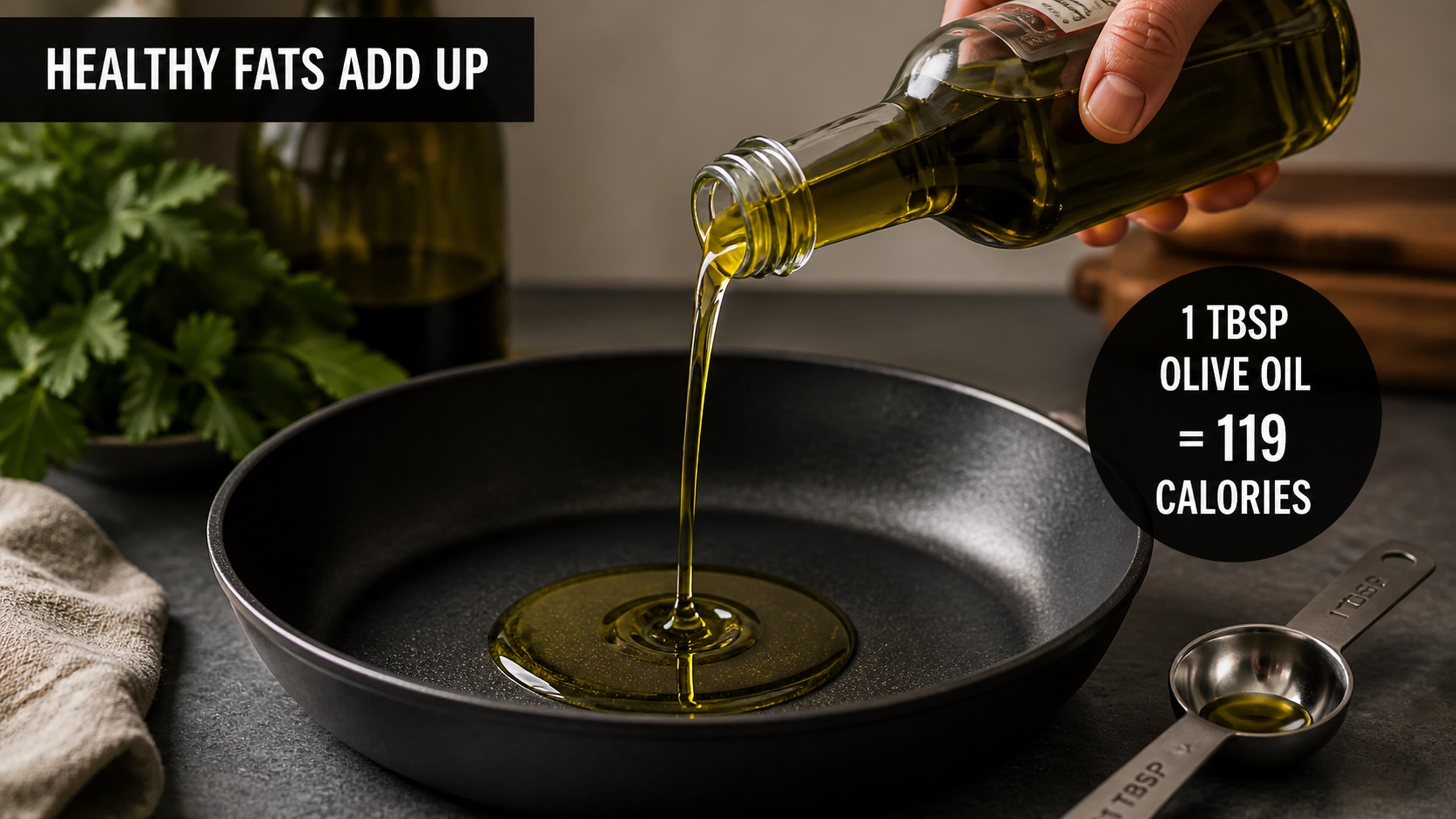 Healthy fat sources including avocado, walnuts, and oils showing calorie density