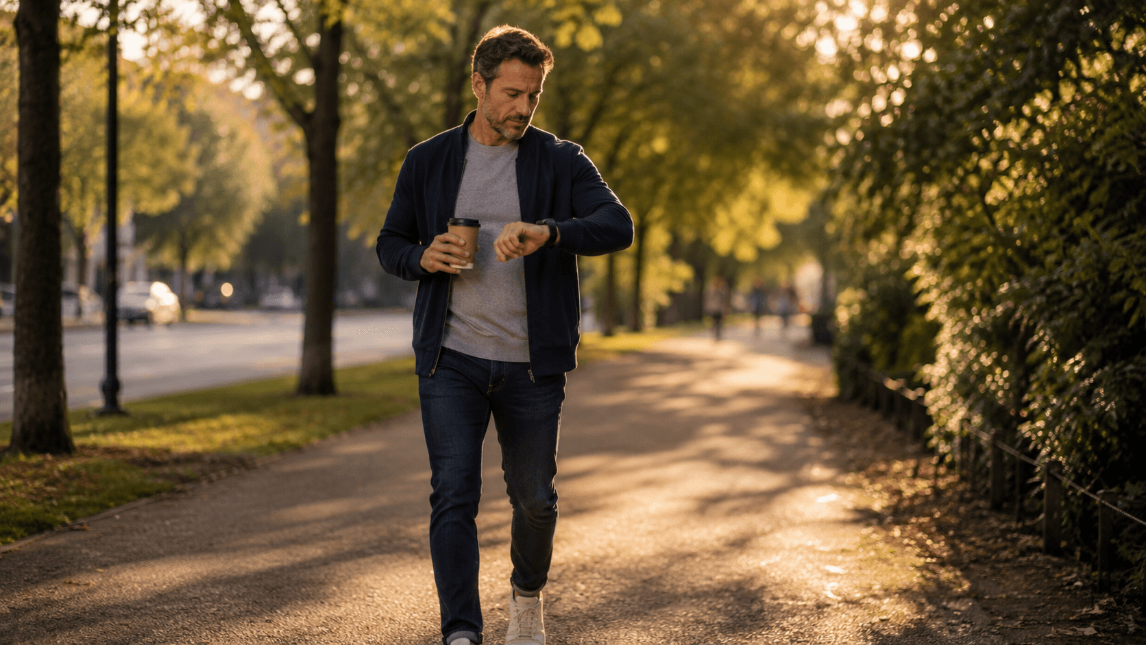 Person checking step count on a fitness tracker while walking outdoors
