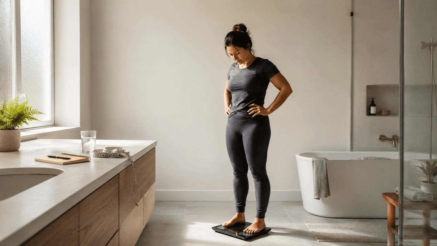 A frustrated person standing on a bathroom scale, conveying stagnation and confusion about fat loss progress