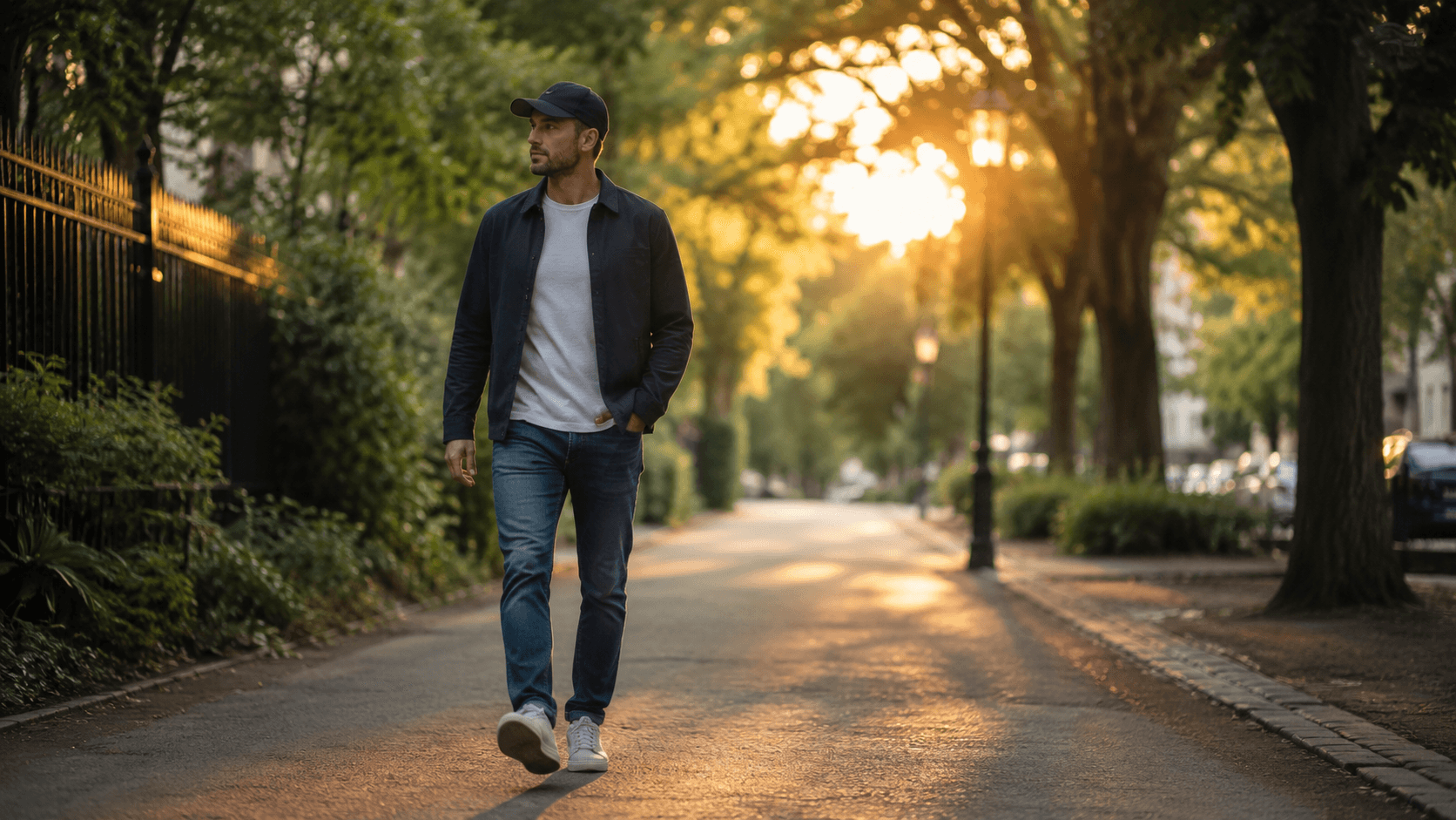Person walking outdoors in the evening to reach their daily step goal and protect NEAT