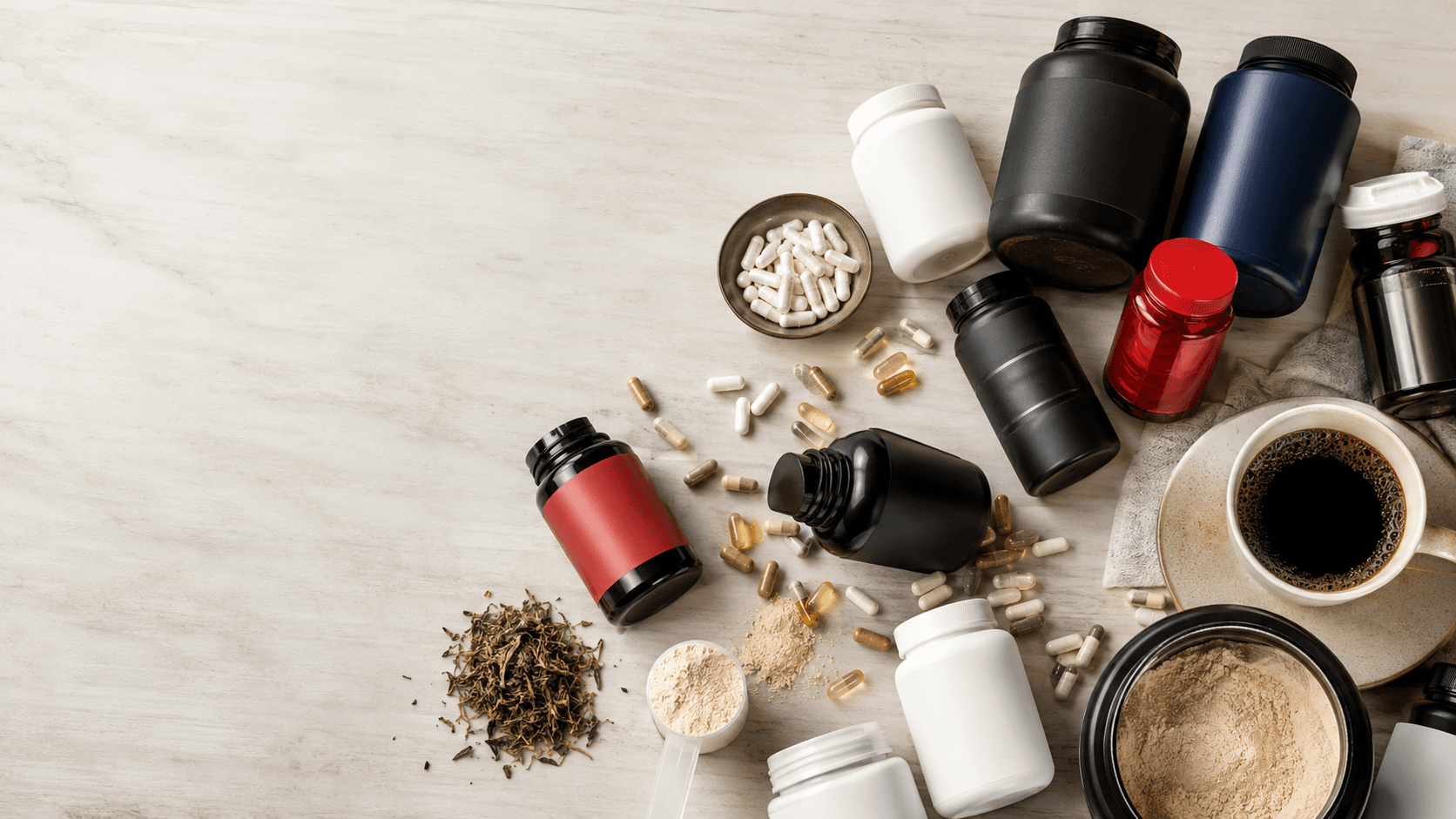 An overhead spread of fat loss supplements: protein powder tubs, capsule bottles, scattered pills, scoops of powder, green tea leaves, and a cup of black coffee on a light wooden surface