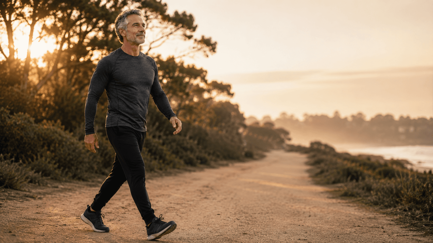 A man in his 60s walking outdoors along a coastal path at sunrise, illustrating the alternative to the Cascade of Decline — an active, mobile, independent life built on daily movement