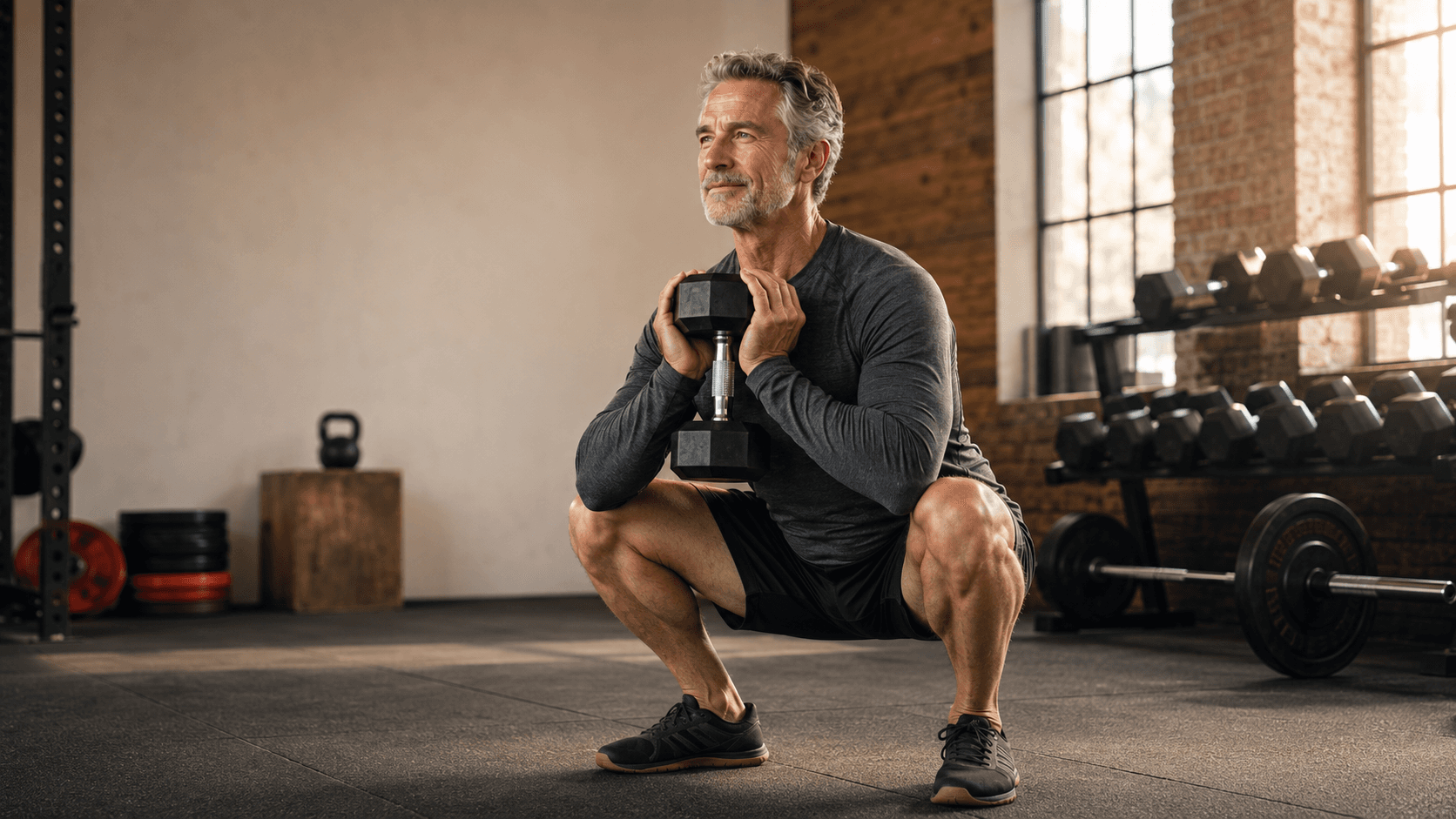 A man in his 60s holding a dumbbell in the front-rack position at the bottom of a deep goblet squat in the gym, demonstrating the kind of compound resistance training that builds the lower body strength, balance and stability described in Pillar 1