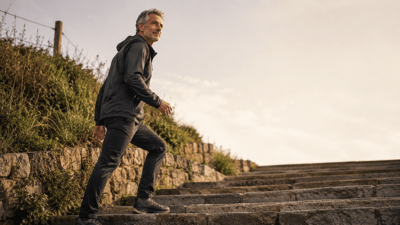 A man in his 60s climbing a long flight of stone steps outdoors with energy and purpose, embodying the action plan from this article and the message that consistent training over weeks and months is what builds the strength, health and independence to keep moving through life