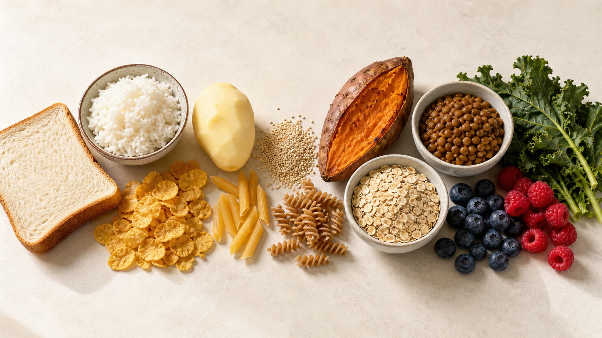 Colourful spread of mixed foods representing different glycemic index levels — high GI foods on one side, low GI foods on the other