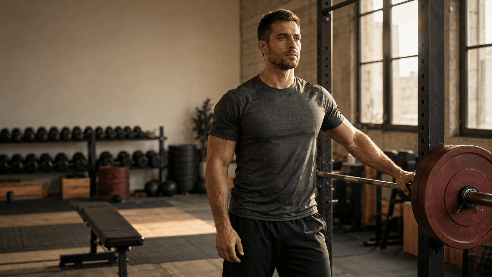 A man in his 30s standing in a sunlit gym next to a loaded barbell on a rack, embodying the central message that the thirties are the decade to start banking strength, muscle and health for the decades that follow