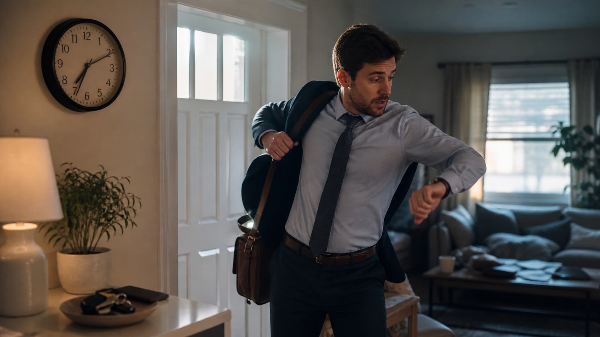 A person rushing in the morning with limited time for breakfast