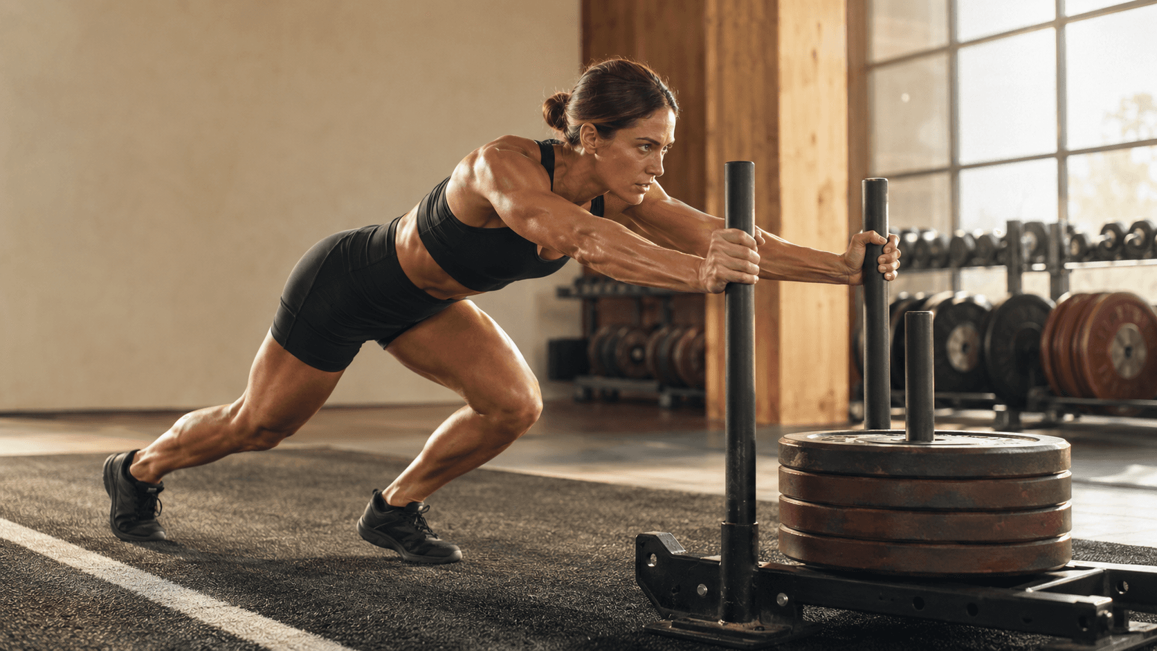A woman in her 30s or 40s in a poised, focused posture that conveys hormonal balance and self-knowledge, embodying the article's framing of oestrogen, progesterone and cortisol as the three hormones that most directly shape the female body and that respond to resistance training, adequate nutrition, sleep and stress management