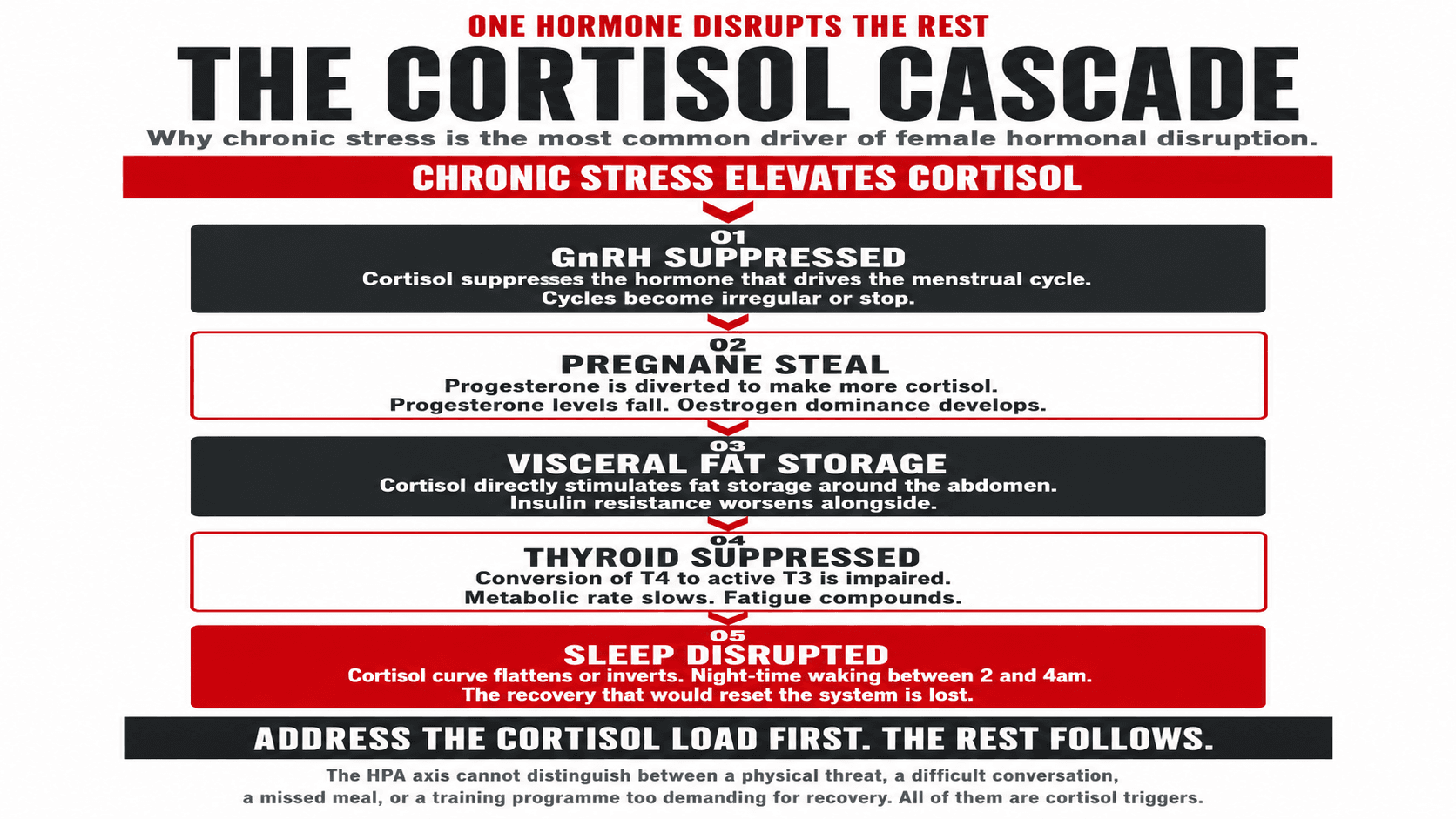 Infographic titled 'The Cortisol Cascade' presented as a vertical five-stage flow showing how chronic HPA-axis activation suppresses GnRH and the menstrual cycle, drives progesterone toward cortisol via the pregnane steal pathway, elevates blood glucose and visceral fat storage, suppresses T4 to T3 thyroid conversion, and disrupts sleep architecture in the female body