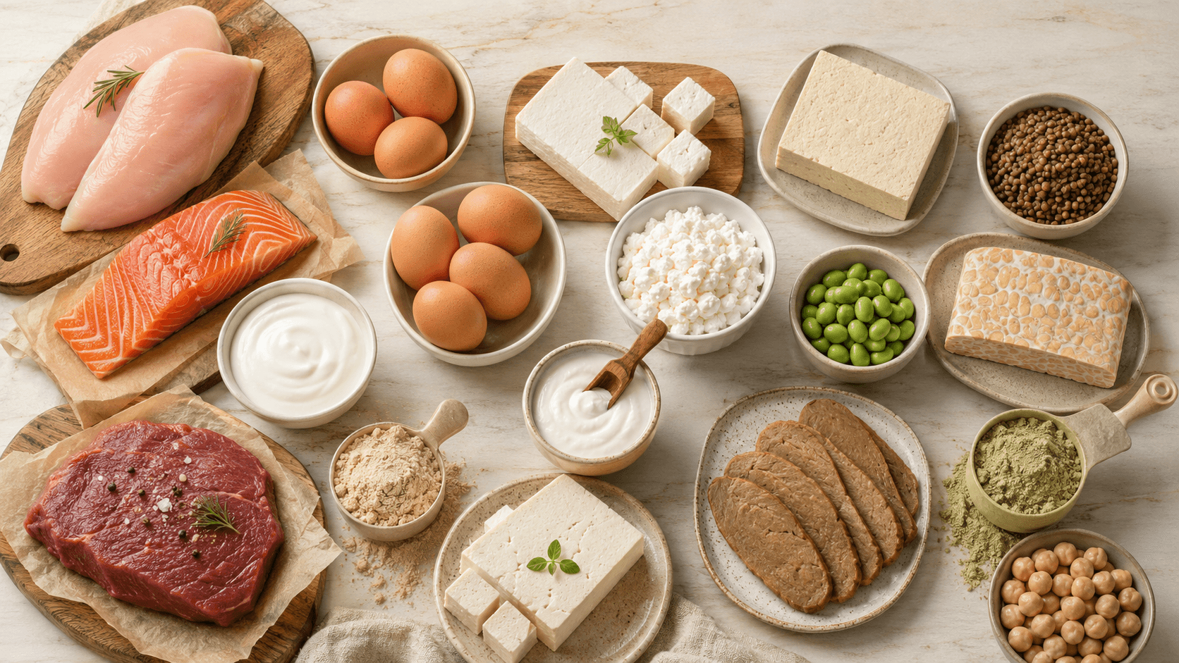 A spread of high quality protein sources covering omnivore, vegetarian, and vegan diets, including chicken breast, salmon, lean beef, eggs, Greek yoghurt, cottage cheese, tofu, tempeh, edamame, lentils, and protein powders