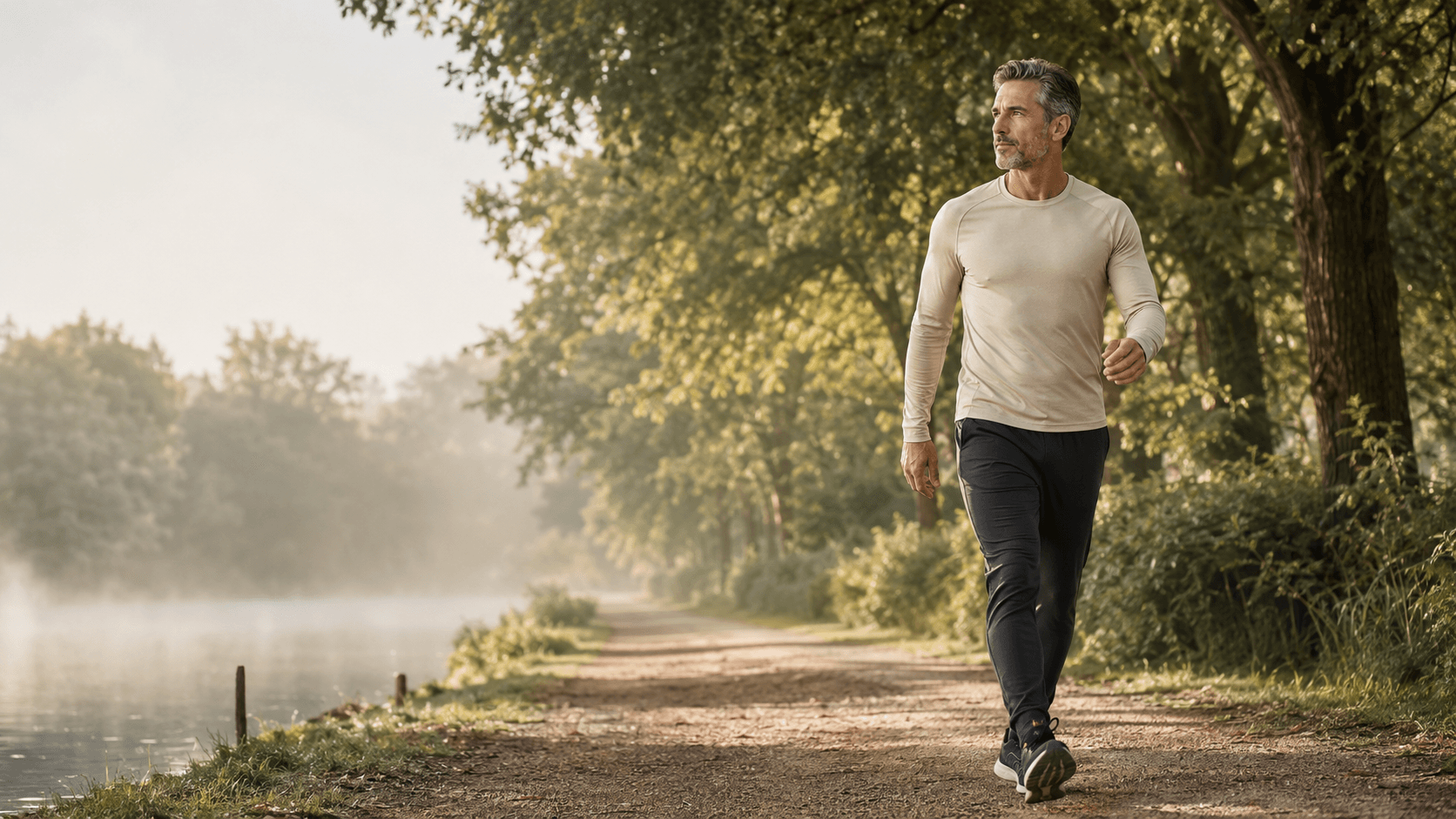 A silver-haired man past 40 walking briskly along a misty, tree-lined canal path at dawn — the simple, daily anti-ageing prescription of movement, daylight and lowered stress that quietly counters chronic inflammation, hormonal decline and the deeper drivers of biological ageing