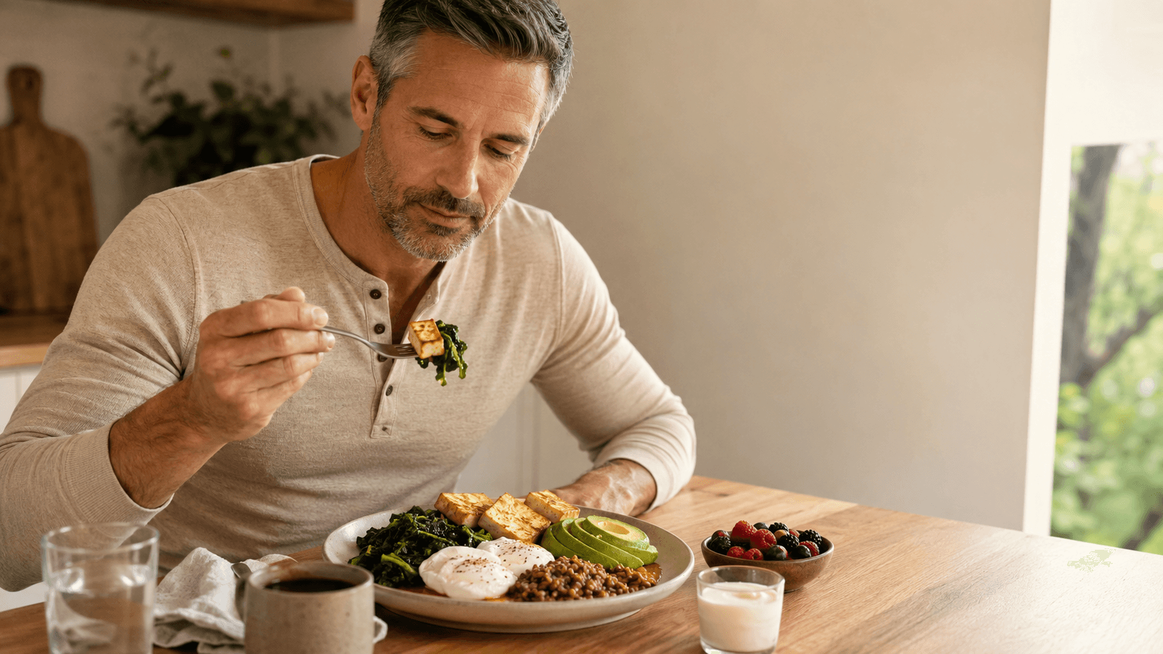 A silver-haired man past 40 sitting at a sunlit kitchen table eating a hormone-supportive meal — grilled tofu with sautéed greens, lentils, avocado, natural yoghurt and a small bowl of mixed berries alongside black coffee — illustrating that adequate protein, healthy fats, fibre and phytoestrogens at every meal create the nutritional environment that slows hormonal decline after 40