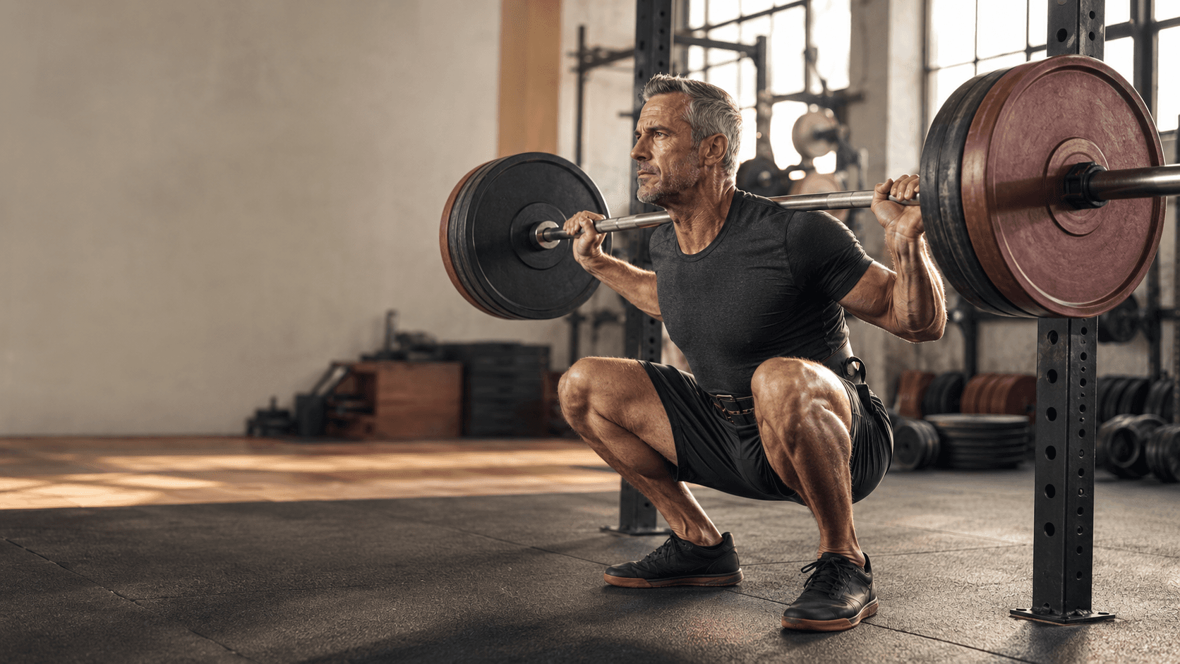 A silver-haired man past 40 in the bottom position of a heavy barbell back squat inside a sunlit industrial gym, illustrating that resistance training is the most powerful single hormonal intervention available — acutely raising testosterone, growth hormone and IGF-1, building the muscle tissue that releases anti-inflammatory myokines, and directly lowering CRP and IL-6