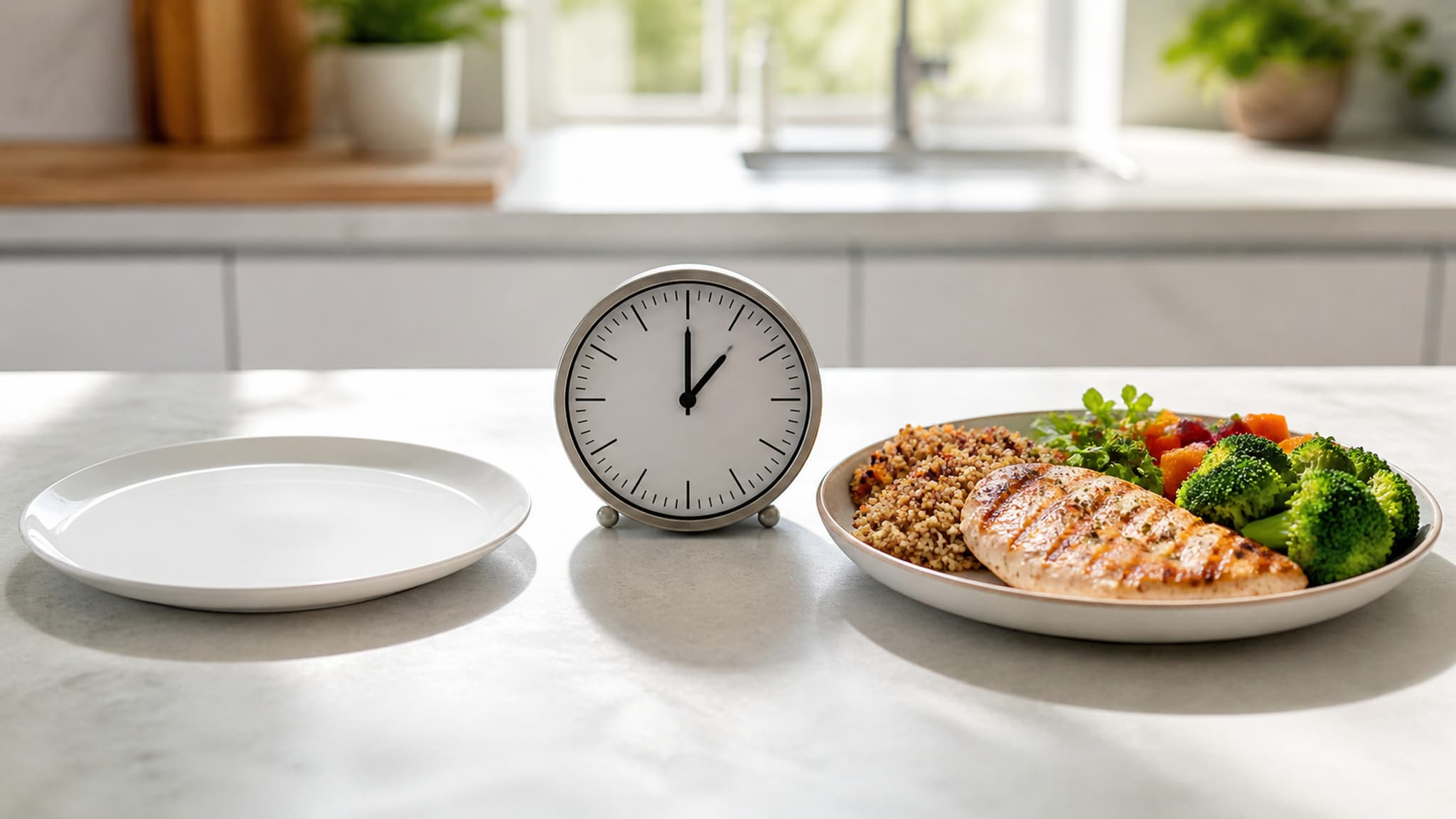 A clock face alongside a balanced meal representing the concept of time-restricted eating
