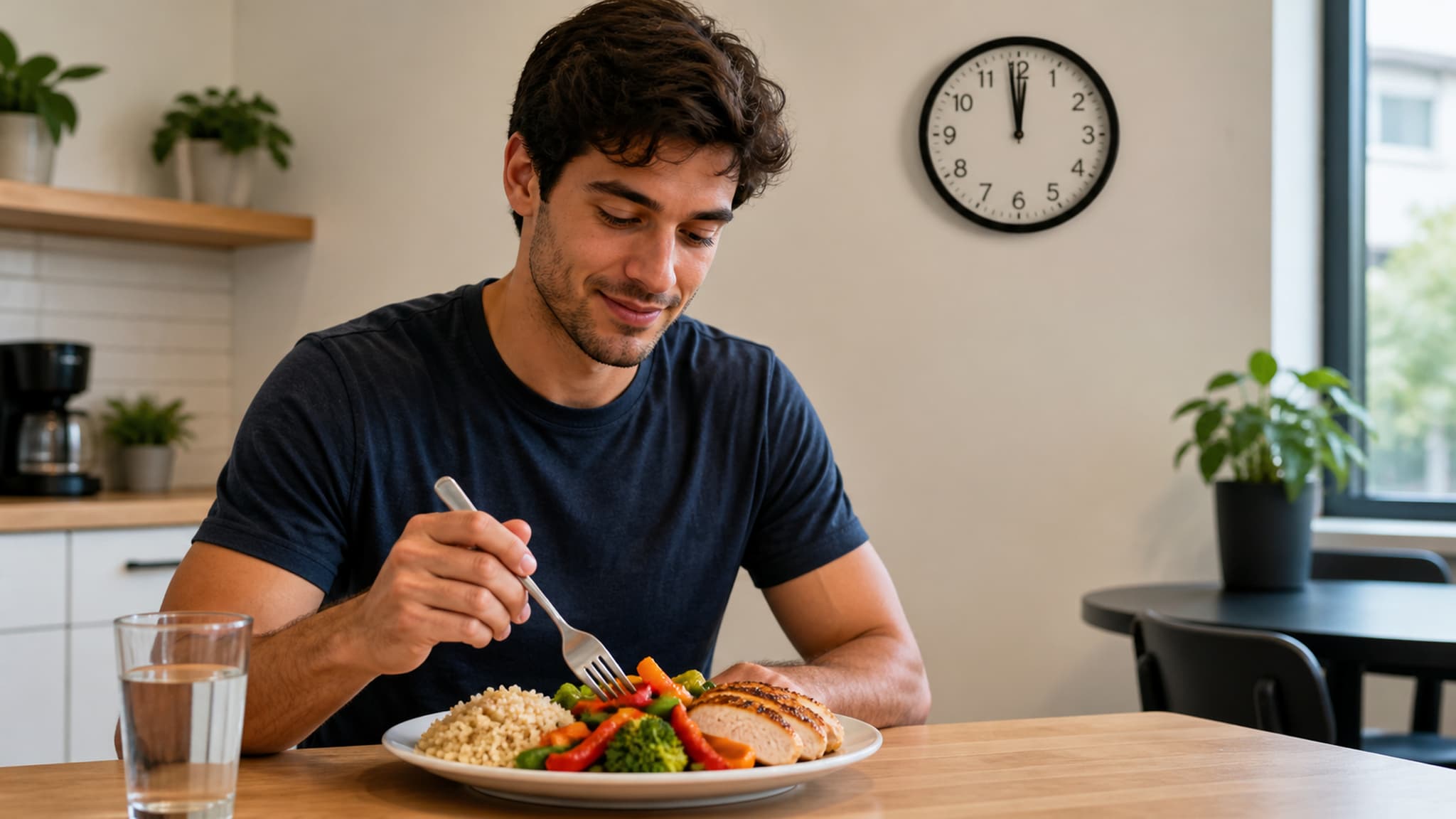 A well-balanced first meal eaten at midday showing a protein-rich, properly structured plate