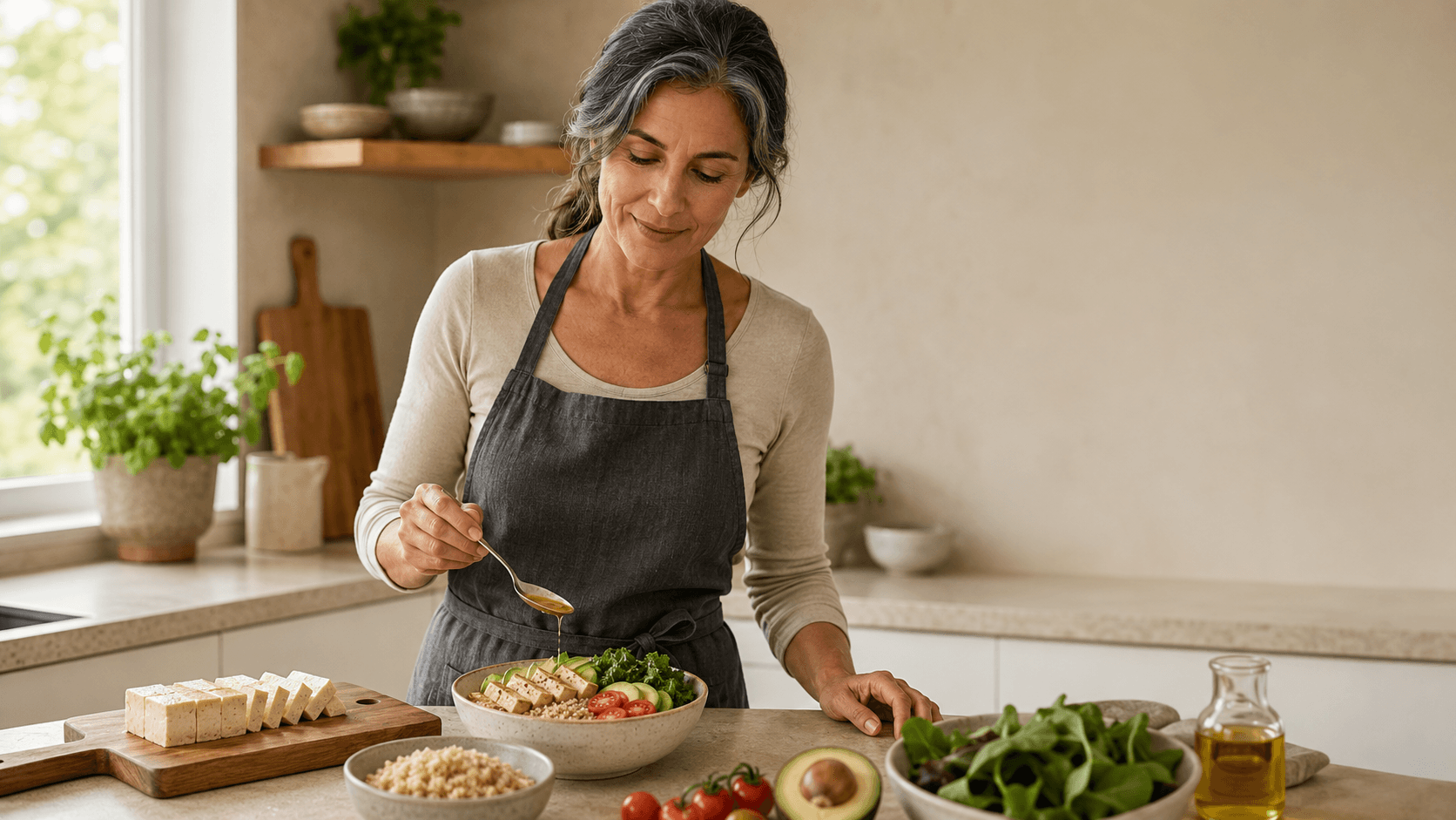 A vibrant spread of high protein meals across omnivore, vegetarian and vegan plates, illustrating how every dietary background can hit the protein and micronutrient targets that fuel resistance training after 40