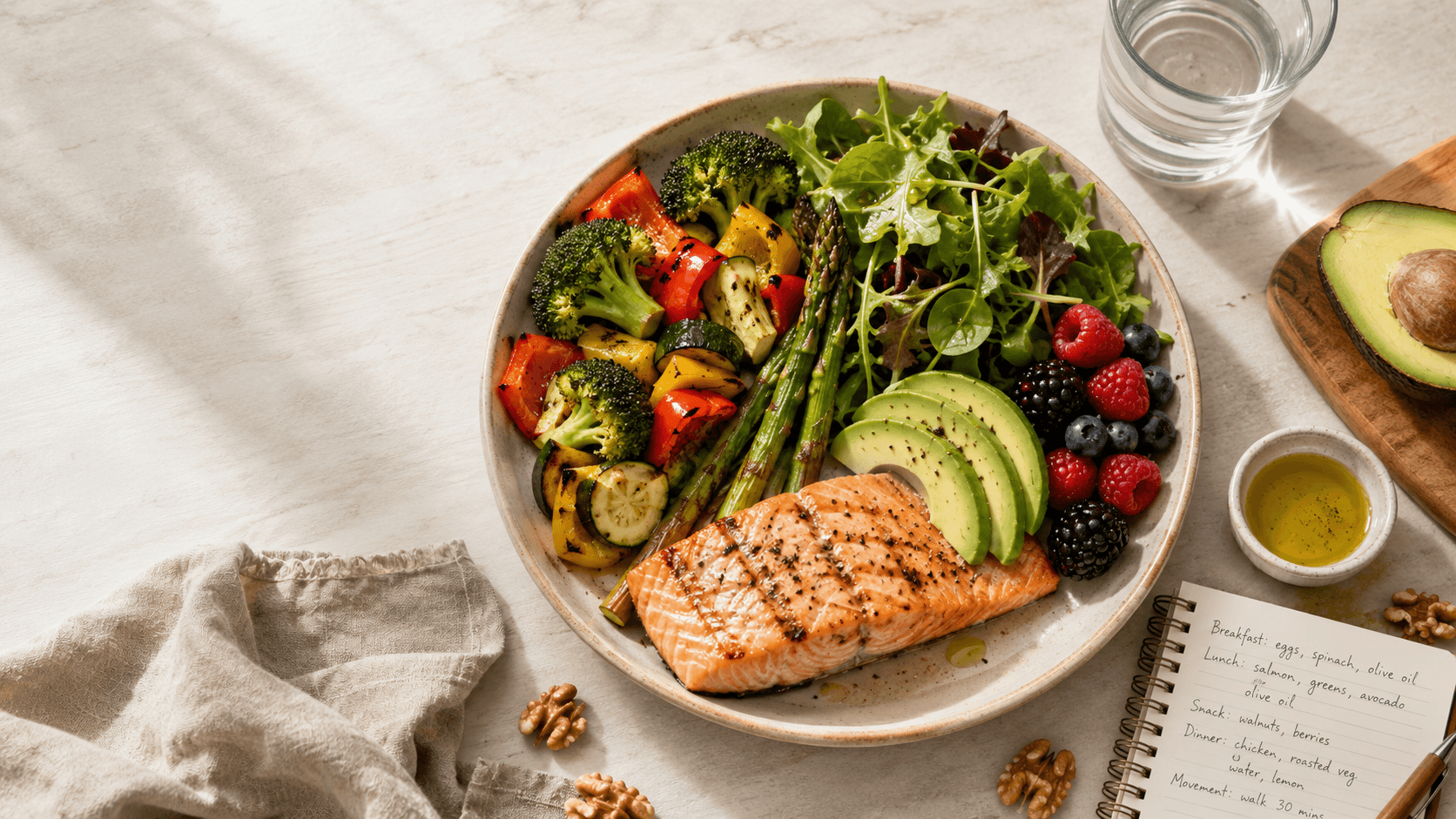 A low carb kickstart plate of grilled salmon, roasted broccoli, courgette, peppers and asparagus, fresh leafy greens, sliced avocado, mixed berries, walnuts, and olive oil, beside a glass of water and a notebook of meal notes